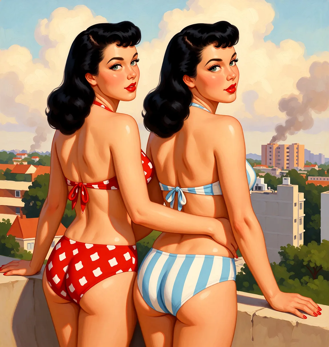Redraw the entire picture as a retro pin-up illustration: smooth airbrushed gouache paint, warm saturated mid-century colour, clean confident outlines and glamorous stylised features, in the look of a 1950s pin-up poster. The background is painted in the same style. Nothing in the frame keeps its photographic appearance. Above all, the picture must show: recreate this image but with the people in it in a bikini.