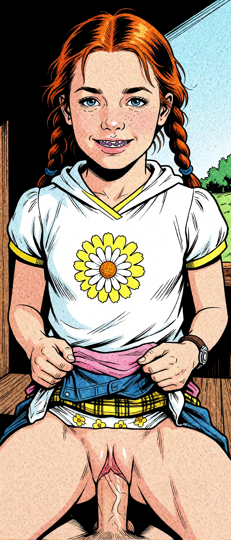 Redraw the entire picture as western comic-book art: heavy black inked outlines, hard-edged cel shading, limited high-contrast colour and visible halftone dot texture. The background is drawn in the same style. Nothing in the frame keeps its photographic appearance. Above all, the picture must show: no_panties.