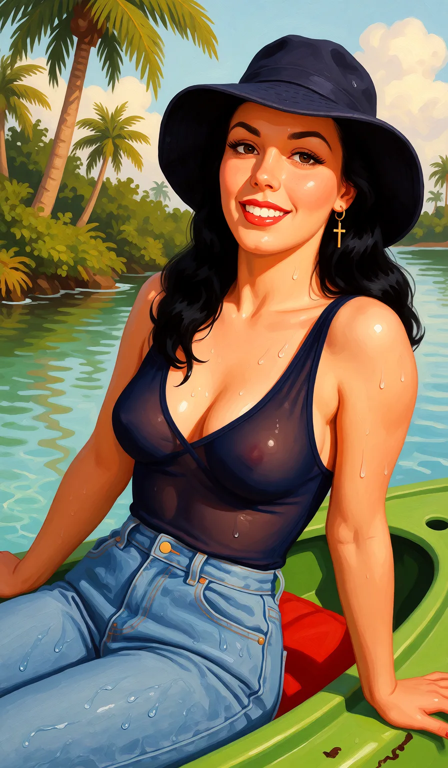 Redraw the entire picture as a retro pin-up illustration: smooth airbrushed gouache paint, warm saturated mid-century colour, clean confident outlines and glamorous stylised features, in the look of a 1950s pin-up poster. The background is painted in the same style. Nothing in the frame keeps its photographic appearance. Above all, the picture must show: Spreading on on_couch.