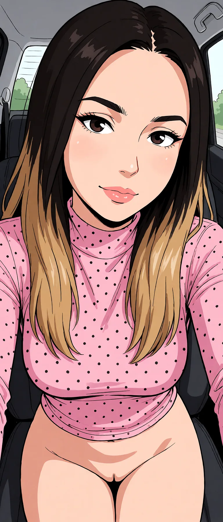 Redraw the entire picture as a hand-drawn anime illustration in flat cel-shaded anime style. It stays the same person with the same face, the same expression, the same hair and the same skin tone, and every other detail of the photograph is kept exactly as it is: nothing is added, removed, moved, uncovered or recoloured. Only the medium changes, and no part of the picture is left photographic. Above all, the picture must show: Pussy and titts.