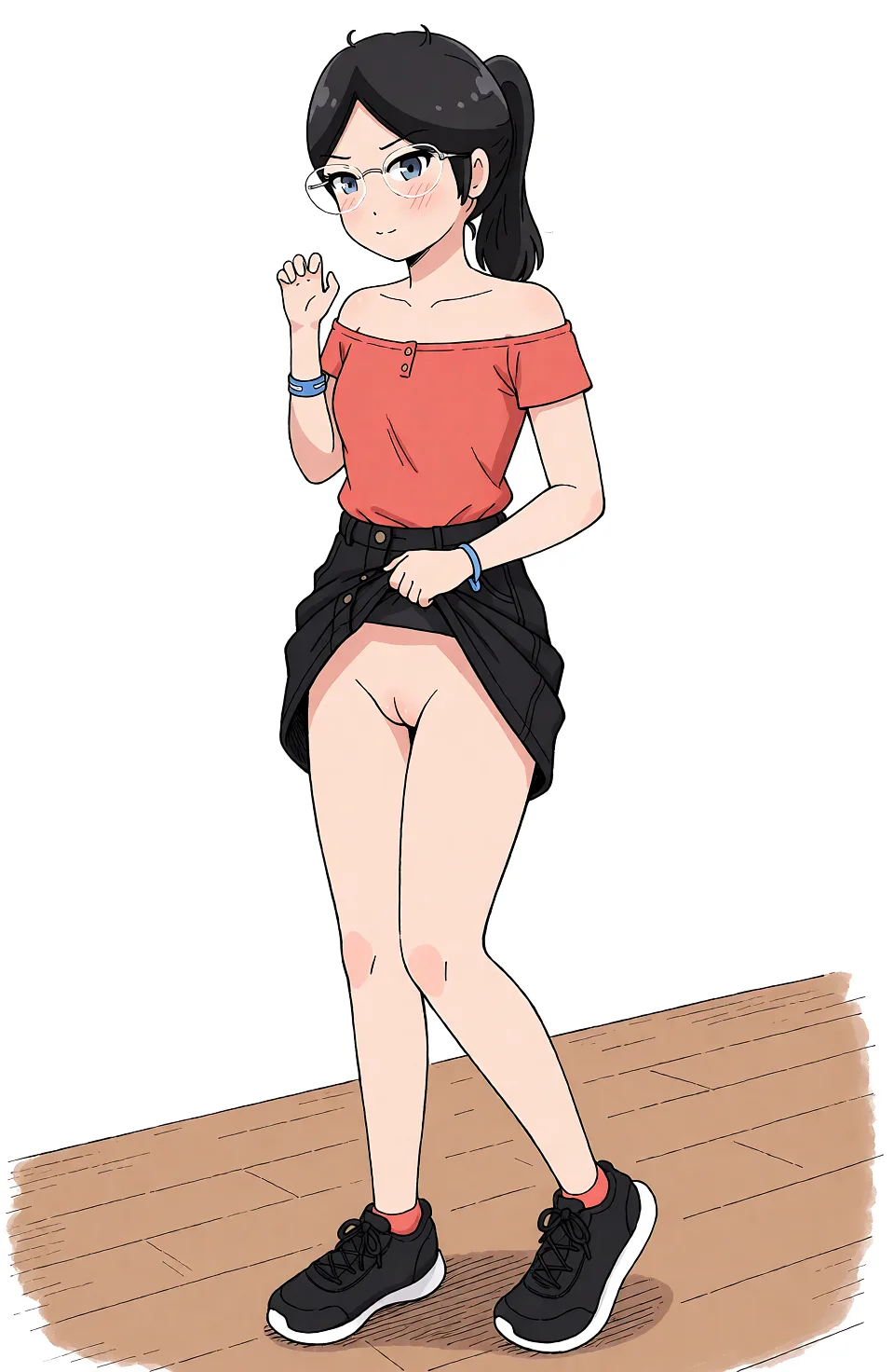 Redraw the entire picture as a hand-drawn anime illustration in flat cel-shaded anime style. It stays the same person with the same face, the same expression, the same hair and the same skin tone, and every other detail of the photograph is kept exactly as it is: nothing is added, removed, moved, uncovered or recoloured. Only the medium changes, and no part of the picture is left photographic. Above all, the picture must show: sexually_suggestive, skirt_lift, off_shoulder.
