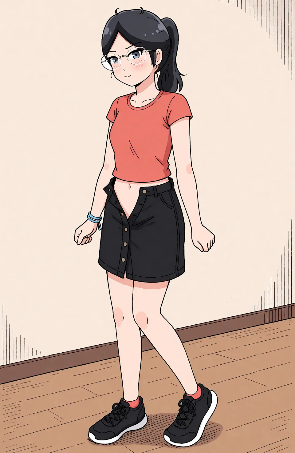 Redraw the entire picture as a hand-drawn anime illustration in flat cel-shaded anime style. It stays the same person with the same face, the same expression, the same hair and the same skin tone, and every other detail of the photograph is kept exactly as it is: nothing is added, removed, moved, uncovered or recoloured. Only the medium changes, and no part of the picture is left photographic. Above all, the picture must show: sexually_suggestive, unbuttoned skirt, arms_at_sides.