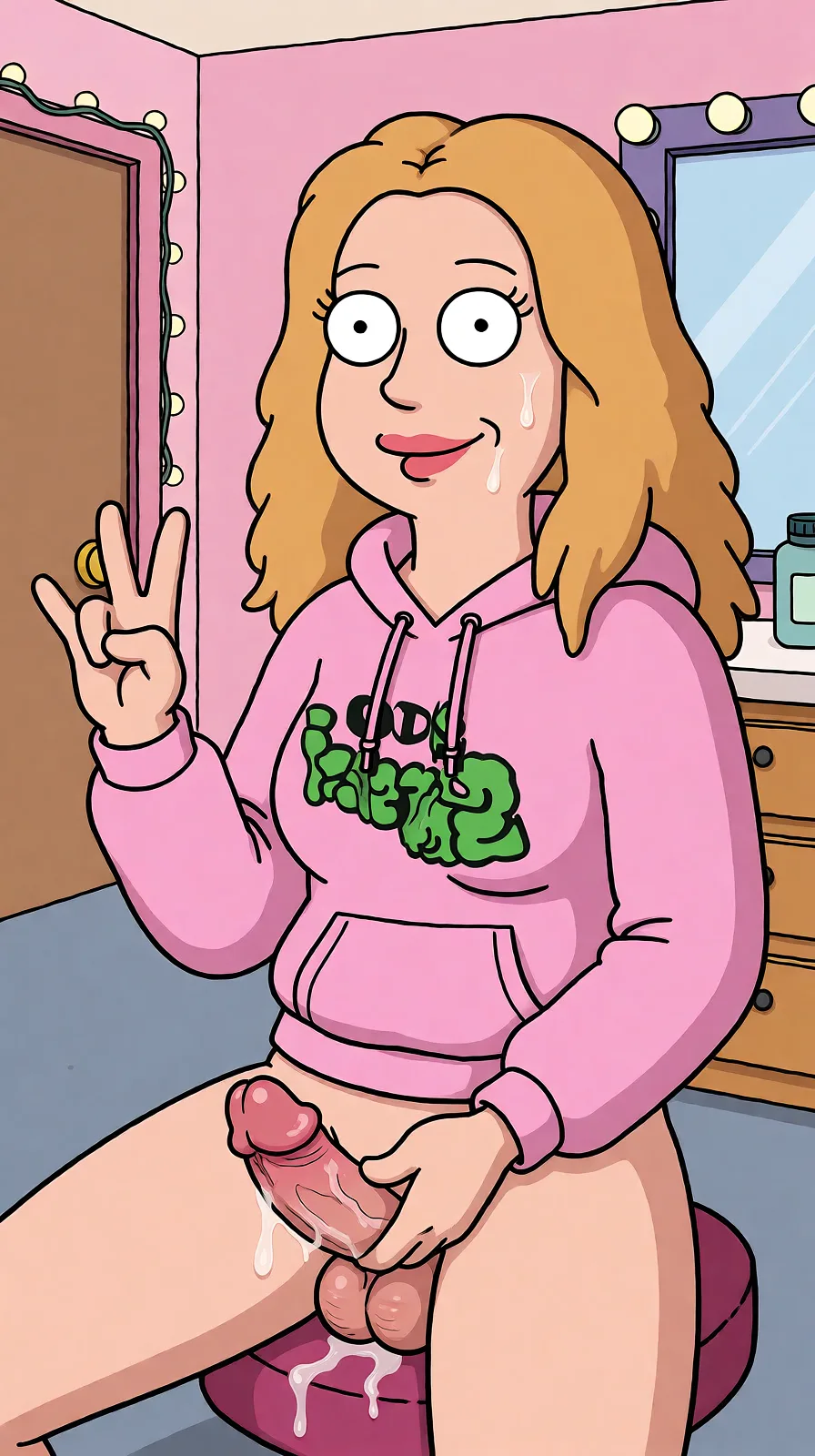 Redraw the entire picture as a western animated cartoon cel: thick even outlines, flat bright blocks of colour, simplified rounded shapes and hard-edged shadows, in the look of a television cartoon rather than of a camera. Keep the woman's adult proportions and adult figure exactly as they are; only the drawing style changes. The background is drawn in the same style. Nothing in the frame keeps its photographic appearance. Above all, the picture must show: 2women masturbation dildo.
