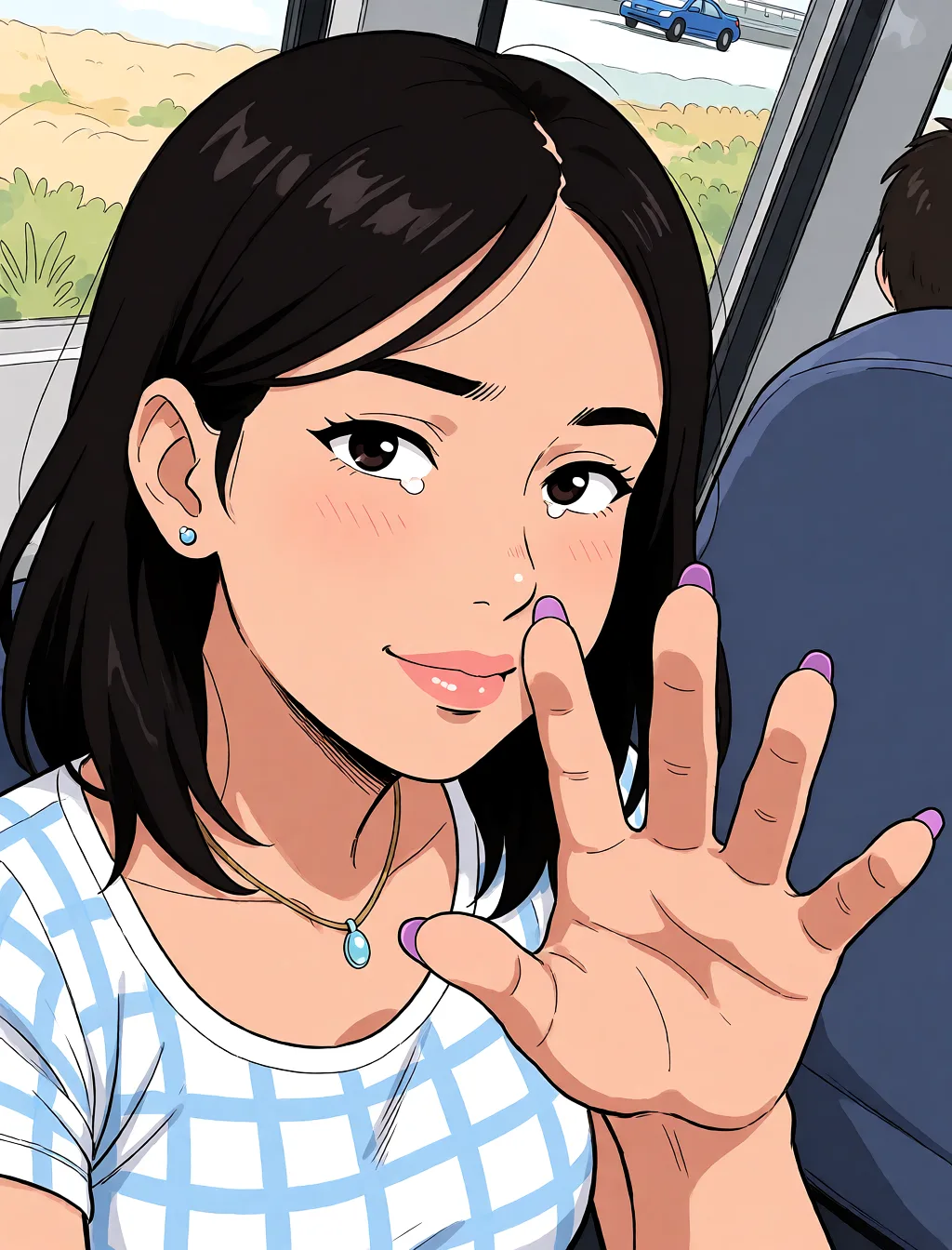 Redraw the entire picture as a hand-drawn anime illustration in flat cel-shaded anime style. It stays the same person with the same face, the same expression, the same hair and the same skin tone, and every other detail of the photograph is kept exactly as it is: nothing is added, removed, moved, uncovered or recoloured. Only the medium changes, and no part of the picture is left photographic. Above all, the picture must show: Naked teasing hairy pussy.