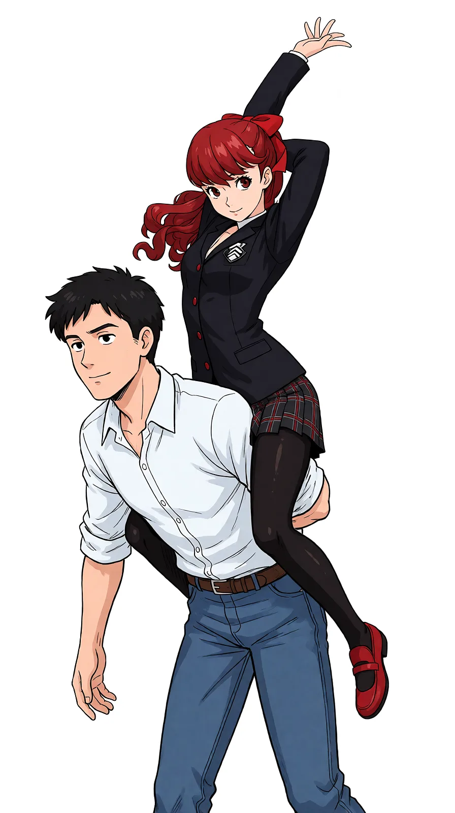 Redraw the entire picture as a hand-drawn anime illustration in flat cel-shaded anime style. It stays the same person with the same face, the same expression, the same hair and the same skin tone, and every other detail of the photograph is kept exactly as it is: nothing is added, removed, moved, uncovered or recoloured. Only the medium changes, and no part of the picture is left photographic. Above all, the picture must show: Jail background as she rides a man in the cowgirl position.
