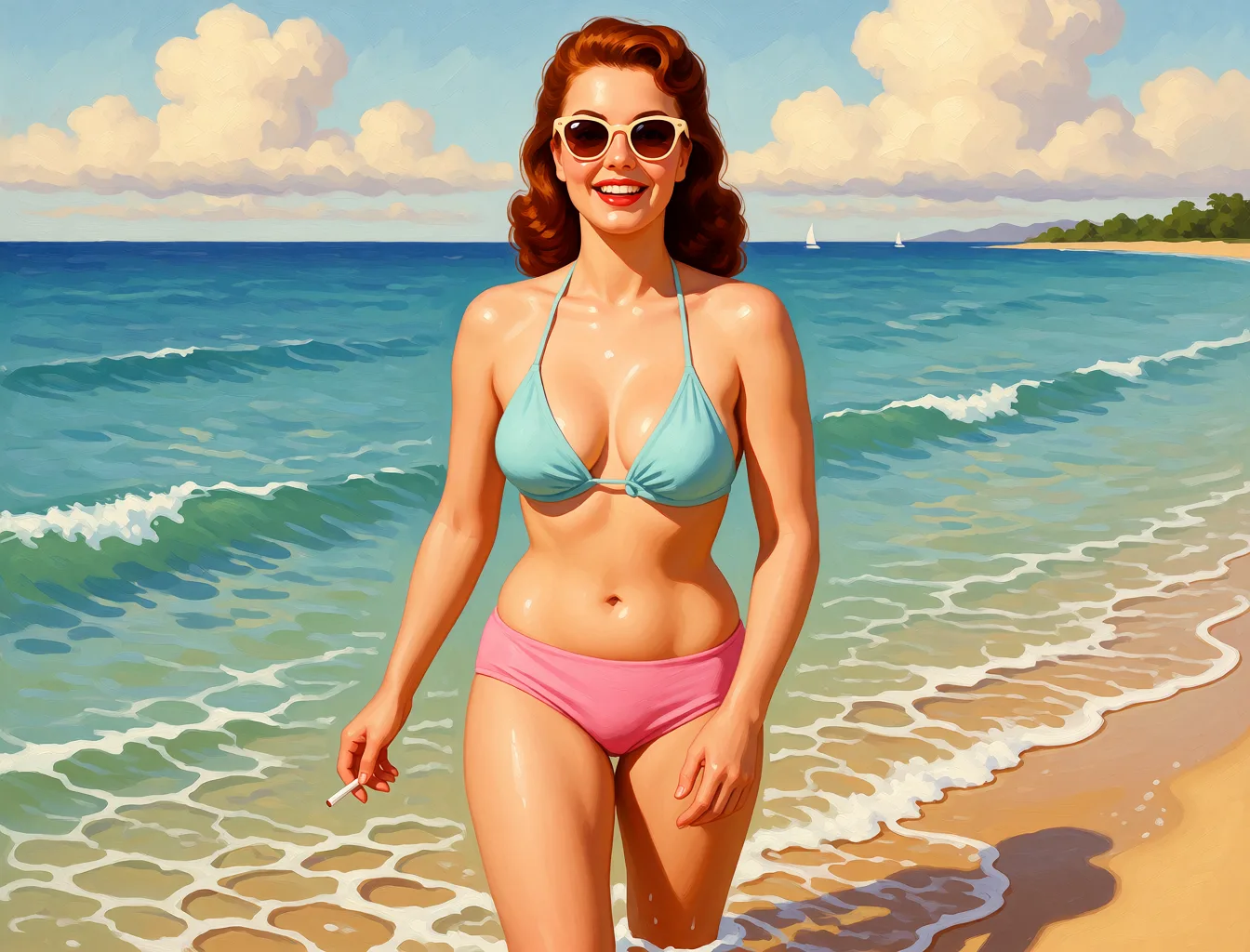 Redraw the entire picture as a retro pin-up illustration: smooth airbrushed gouache paint, warm saturated mid-century colour, clean confident outlines and glamorous stylised features, in the look of a 1950s pin-up poster. The background is painted in the same style. Nothing in the frame keeps its photographic appearance. Above all, the picture must show: nude.