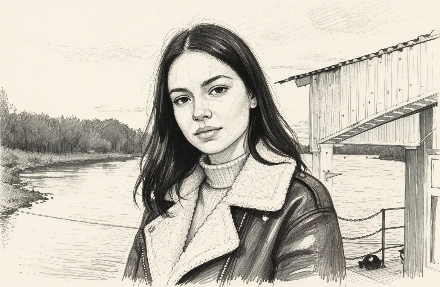 Redraw the entire picture as a hand-drawn graphite sketch on off-white paper: visible pencil strokes, cross-hatched shading, loose construction lines and no colour beyond the grey of the pencil and the tone of the paper. The background is drawn in the same style. Nothing in the frame keeps its photographic appearance. Above all, the picture must show: Жёсткий секс с девушкой на фото.