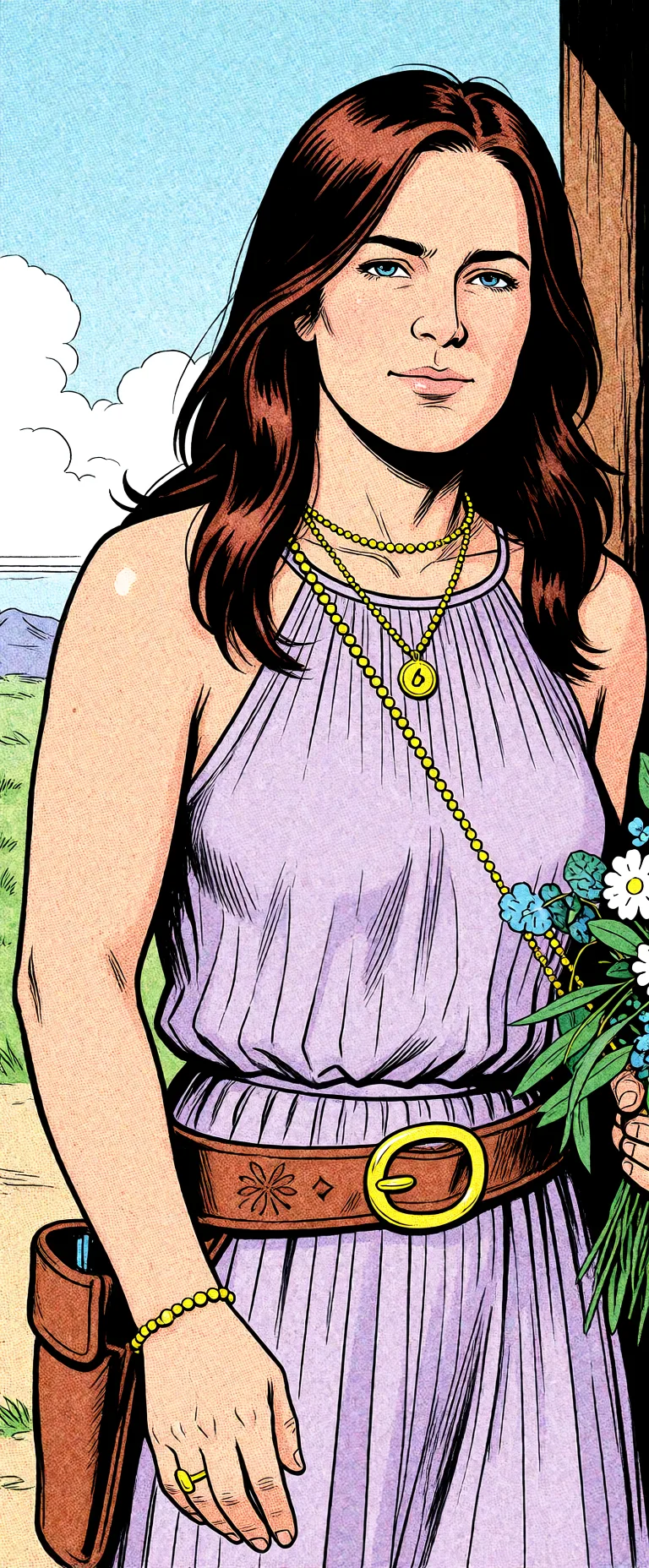 Redraw the entire picture as western comic-book art: heavy black inked outlines, hard-edged cel shading, limited high-contrast colour and visible halftone dot texture. The background is drawn in the same style. Nothing in the frame keeps its photographic appearance. Above all, the picture must show: missionary.
