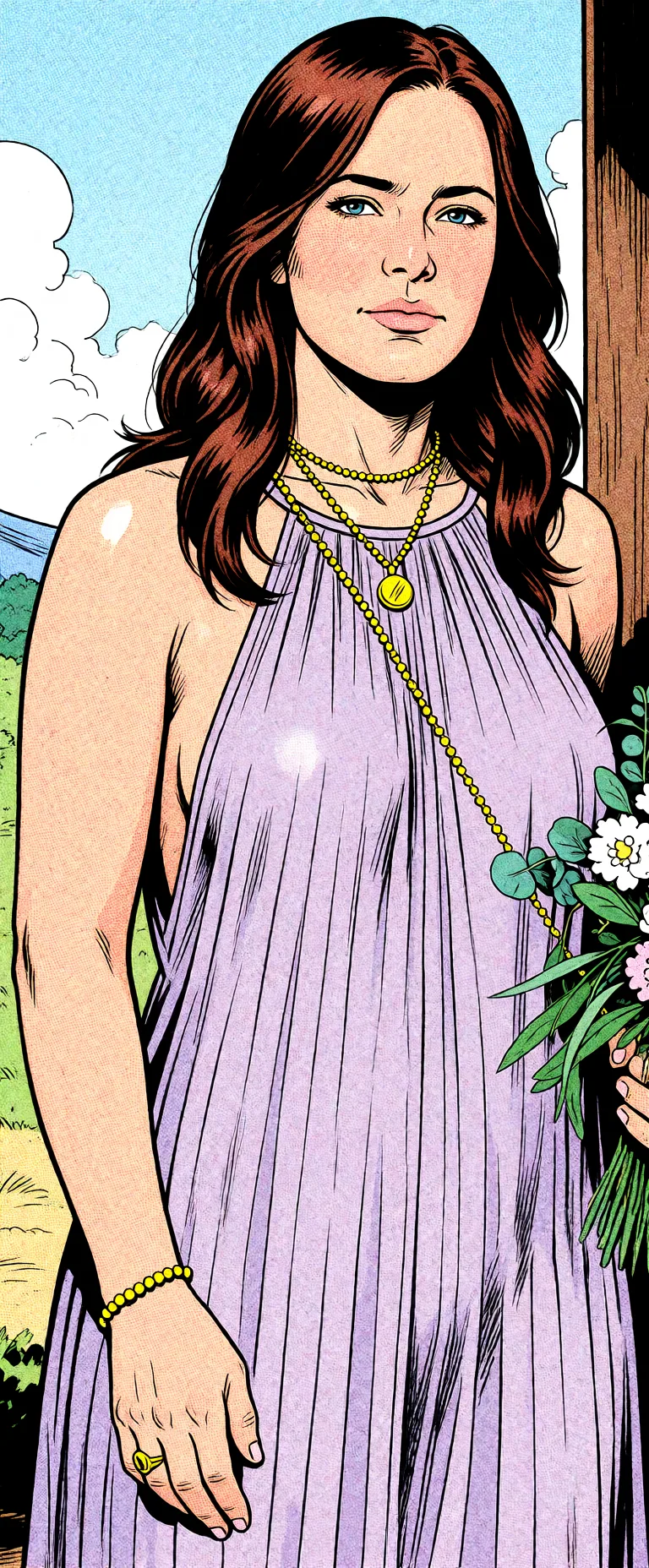 Redraw the entire picture as western comic-book art: heavy black inked outlines, hard-edged cel shading, limited high-contrast colour and visible halftone dot texture. The background is drawn in the same style. Nothing in the frame keeps its photographic appearance. Above all, the picture must show: sex.