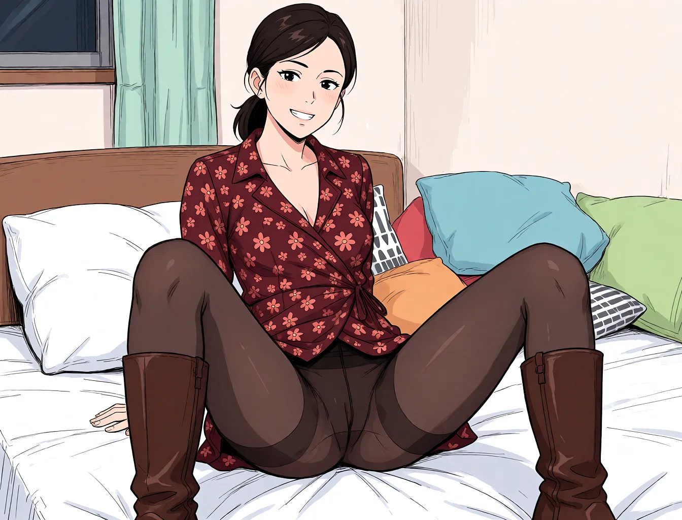 Redraw the entire picture as a hand-drawn anime illustration in flat cel-shaded anime style. It stays the same person with the same face, the same expression, the same hair and the same skin tone, and every other detail of the photograph is kept exactly as it is: nothing is added, removed, moved, uncovered or recoloured. Only the medium changes, and no part of the picture is left photographic. Above all, the picture must show: naked in the bed with legs open tights.