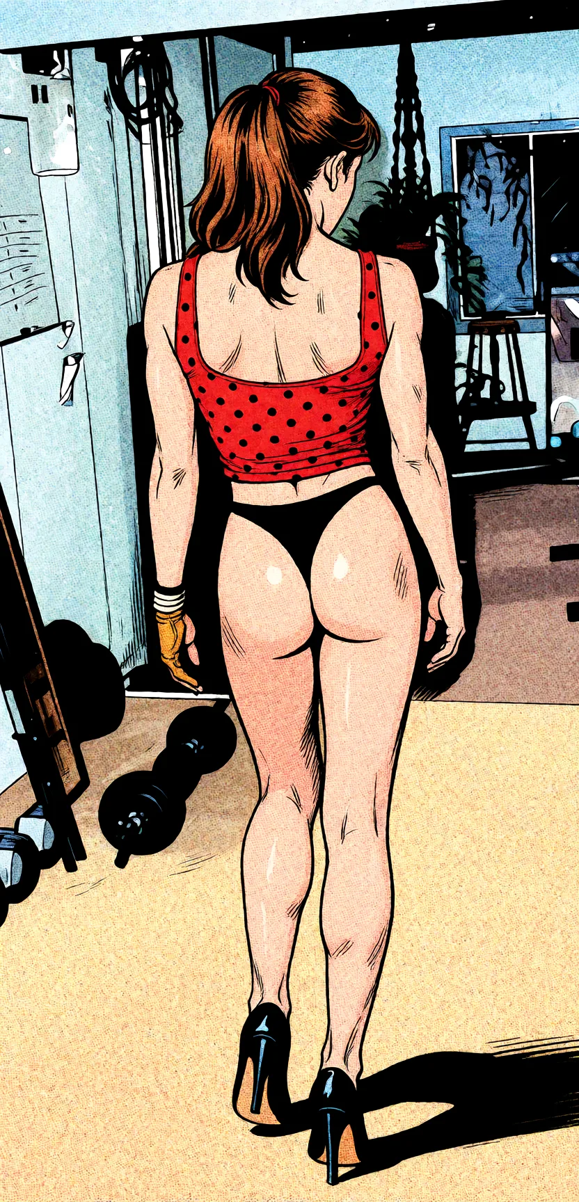 Redraw the entire picture as western comic-book art: heavy black inked outlines, hard-edged cel shading, limited high-contrast colour and visible halftone dot texture. The background is drawn in the same style. Nothing in the frame keeps its photographic appearance. Above all, the picture must show: Naked,nude,no clothing, toned small butt.