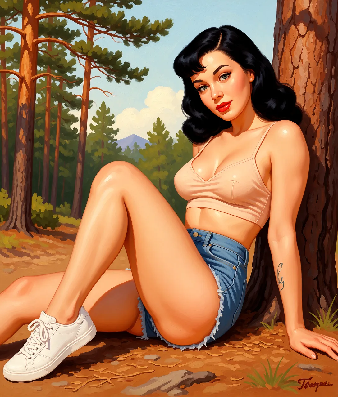 Redraw the entire picture as a retro pin-up illustration: smooth airbrushed gouache paint, warm saturated mid-century colour, clean confident outlines and glamorous stylised features, in the look of a 1950s pin-up poster. The background is painted in the same style. Nothing in the frame keeps its photographic appearance. Above all, the picture must show: Трахает в киску а потом кончает в рот.