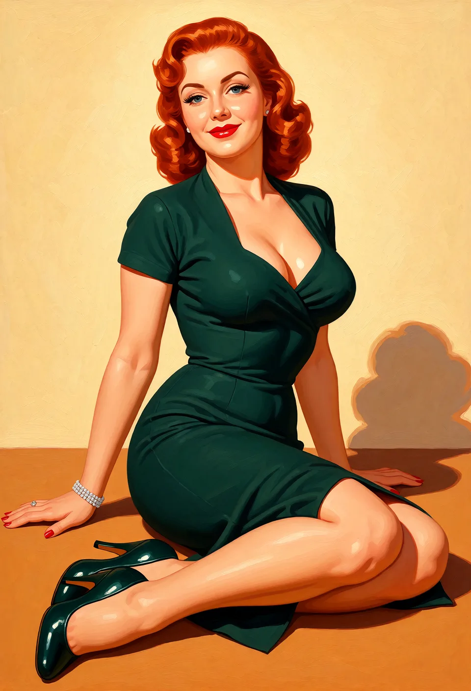 Redraw the entire picture as a retro pin-up illustration: smooth airbrushed gouache paint, warm saturated mid-century colour, clean confident outlines and glamorous stylised features, in the look of a 1950s pin-up poster. The background is painted in the same style. Nothing in the frame keeps its photographic appearance. Above all, the picture must show: high_heels nude cum_on_body huge_breasts legs.