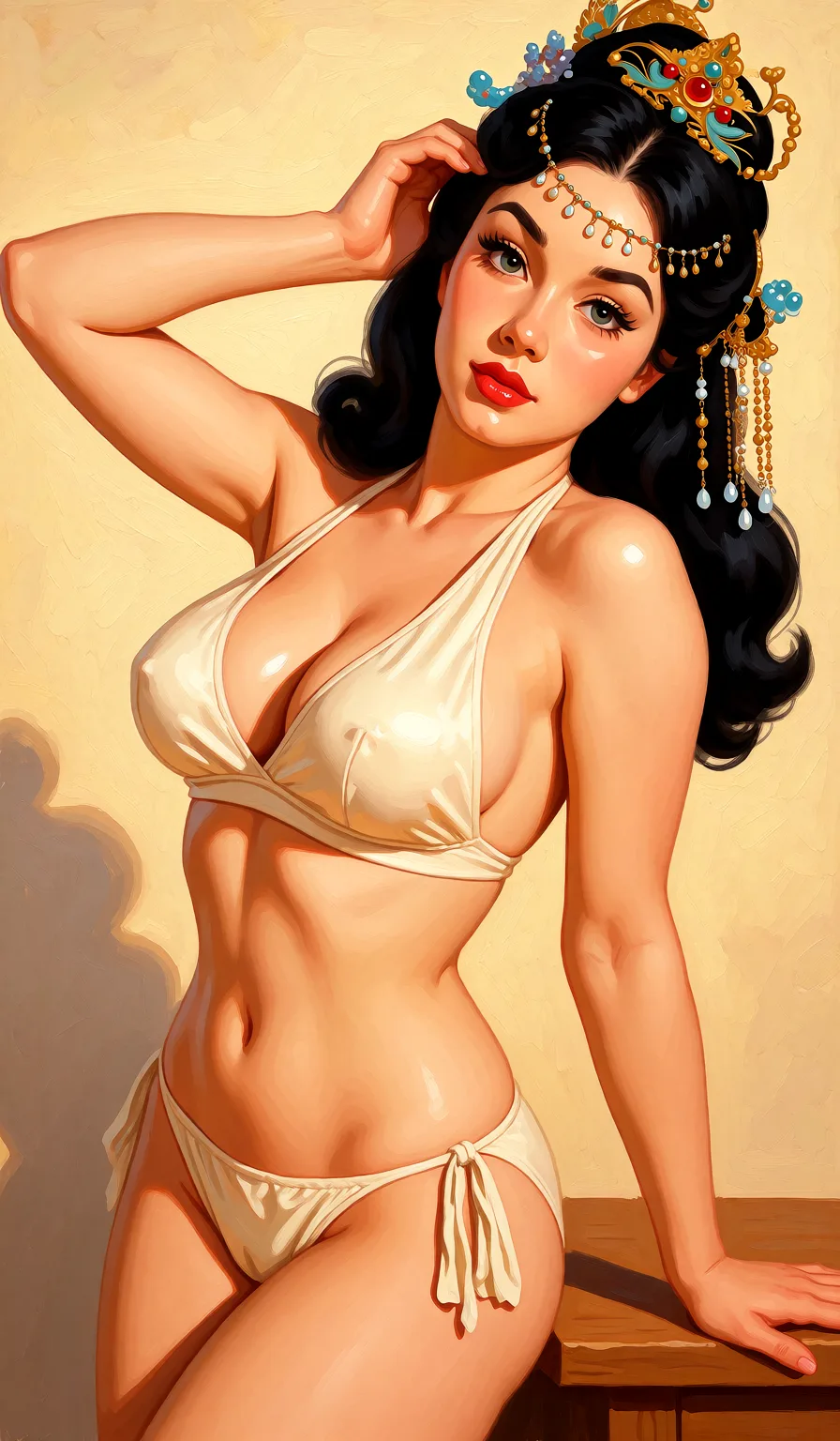 Redraw the entire picture as a retro pin-up illustration: smooth airbrushed gouache paint, warm saturated mid-century colour, clean confident outlines and glamorous stylised features, in the look of a 1950s pin-up poster. The background is painted in the same style. Nothing in the frame keeps its photographic appearance. Above all, the picture must show: 变成裸体,有大奶子.