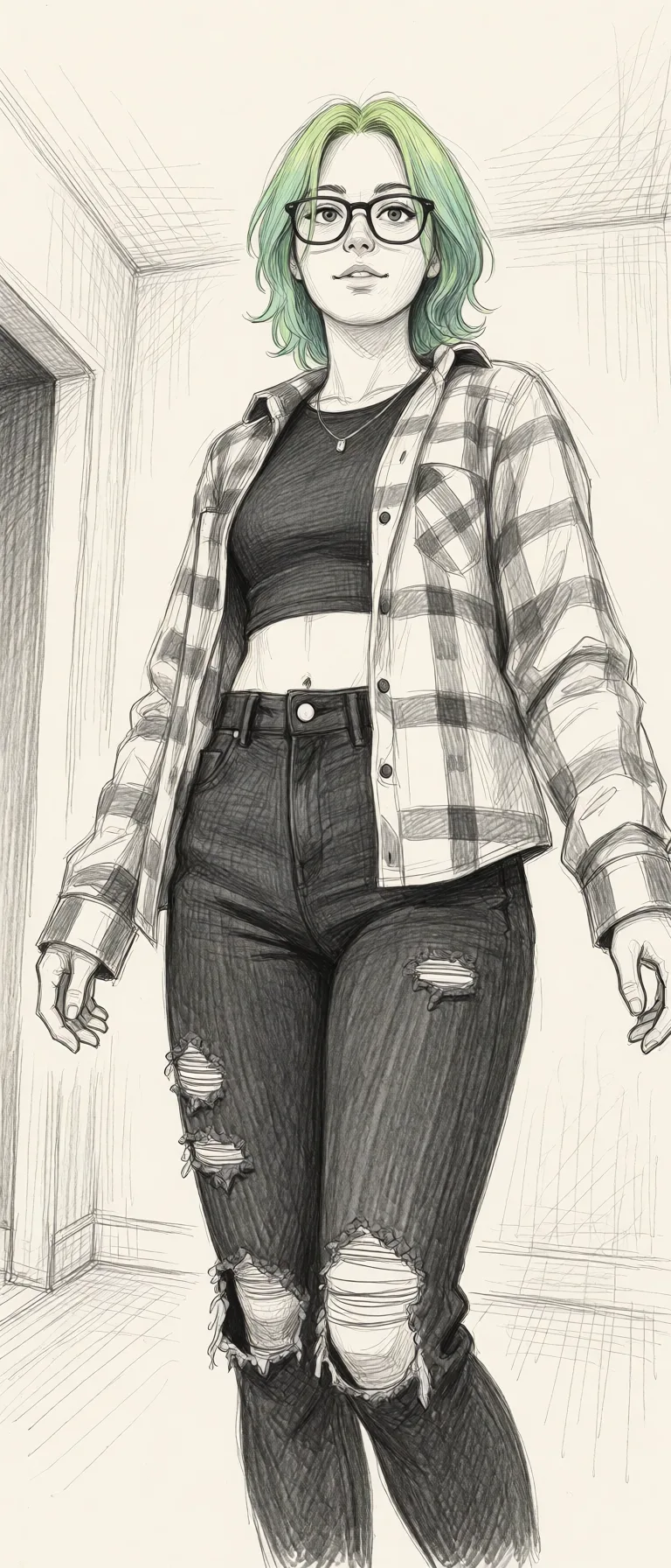 Redraw the entire picture as a hand-drawn graphite sketch on off-white paper: visible pencil strokes, cross-hatched shading, loose construction lines and no colour beyond the grey of the pencil and the tone of the paper. The background is drawn in the same style. Nothing in the frame keeps its photographic appearance. Above all, the picture must show: completely_nude presenting.