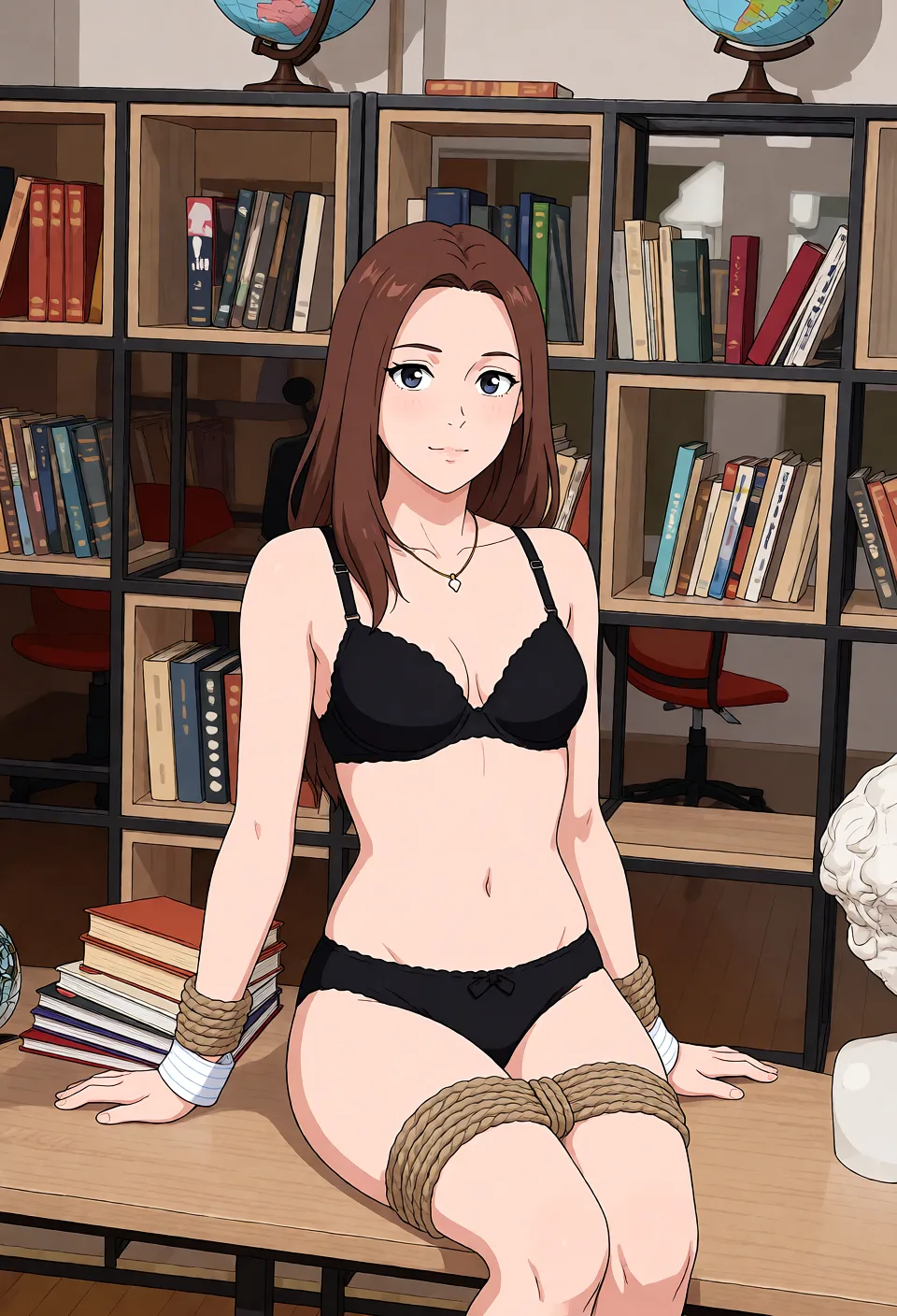 Redraw the entire picture as a hand-drawn anime illustration in flat cel-shaded anime style. It stays the same person with the same face, the same expression, the same hair and the same skin tone, and every other detail of the photograph is kept exactly as it is: nothing is added, removed, moved, uncovered or recoloured. Only the medium changes, and no part of the picture is left photographic. Above all, the picture must show: bed spread_arms spread_legs bondage black_bra black_panties.