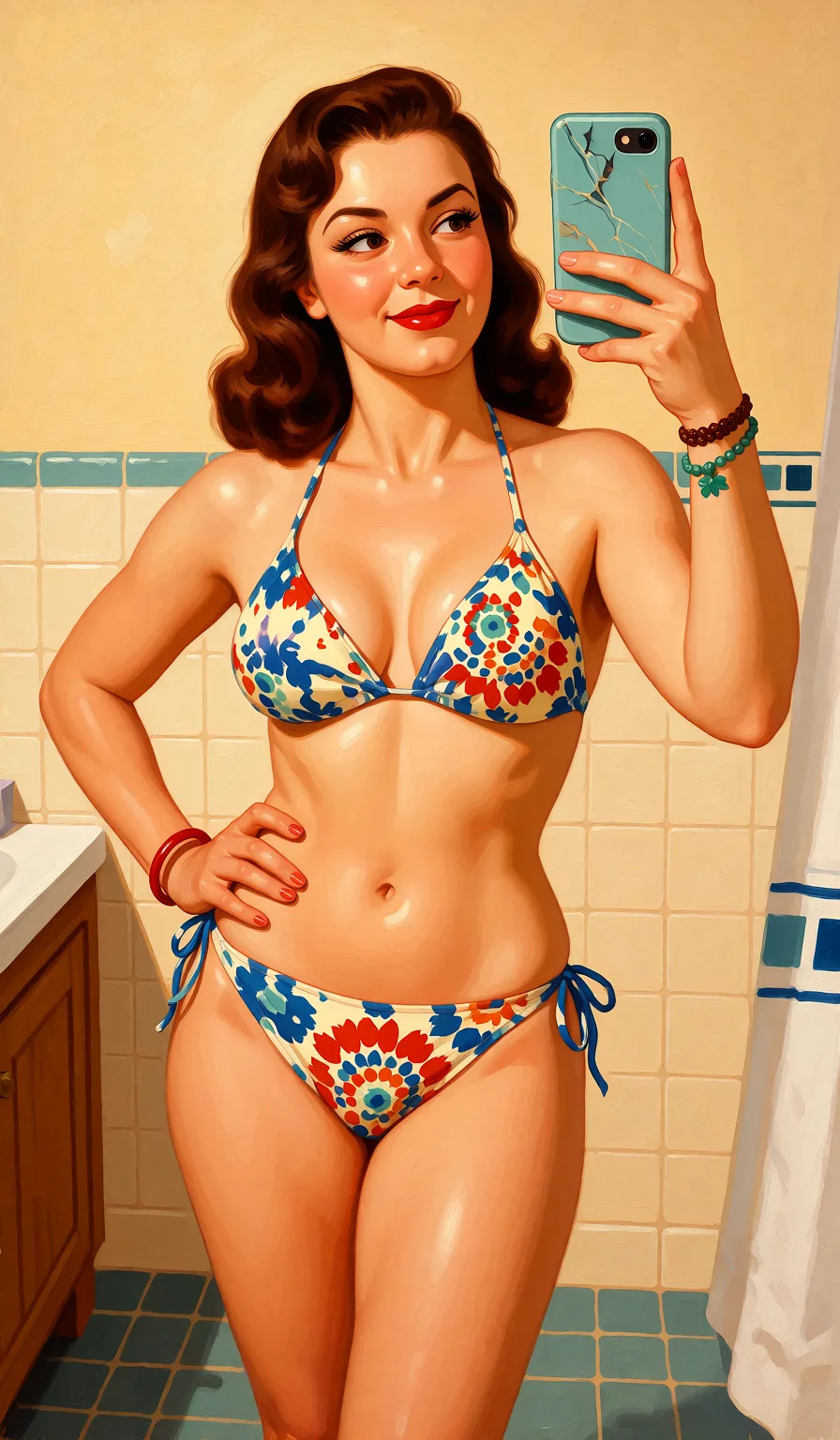 Redraw the entire picture as a retro pin-up illustration: smooth airbrushed gouache paint, warm saturated mid-century colour, clean confident outlines and glamorous stylised features, in the look of a 1950s pin-up poster. The background is painted in the same style. Nothing in the frame keeps its photographic appearance.