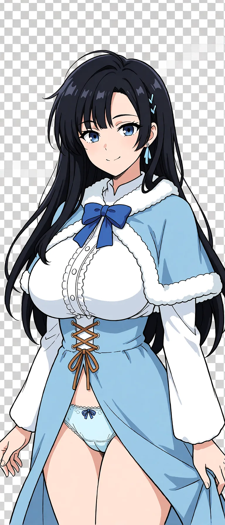 Redraw the entire picture as a hand-drawn anime illustration in flat cel-shaded anime style. It stays the same person with the same face, the same expression, the same hair and the same skin tone, and every other detail of the photograph is kept exactly as it is: nothing is added, removed, moved, uncovered or recoloured. Only the medium changes, and no part of the picture is left photographic. Above all, the picture must show: underwear large_breasts.