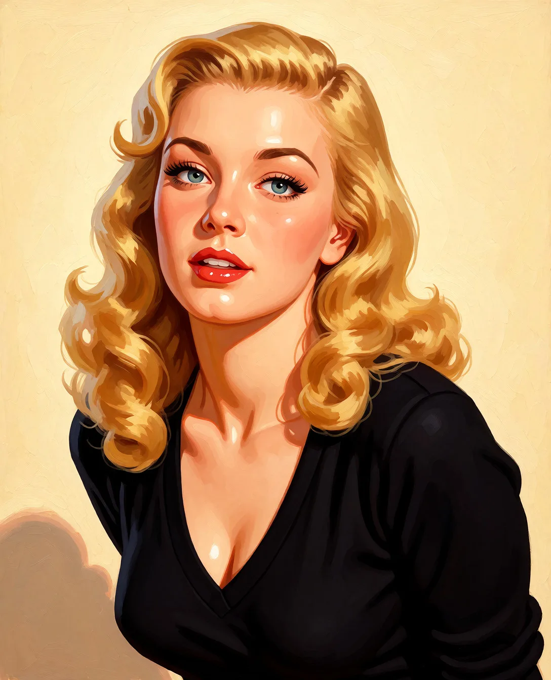 Redraw the entire picture as a retro pin-up illustration: smooth airbrushed gouache paint, warm saturated mid-century colour, clean confident outlines and glamorous stylised features, in the look of a 1950s pin-up poster. The background is painted in the same style. Nothing in the frame keeps its photographic appearance. Above all, the picture must show: bent_over.