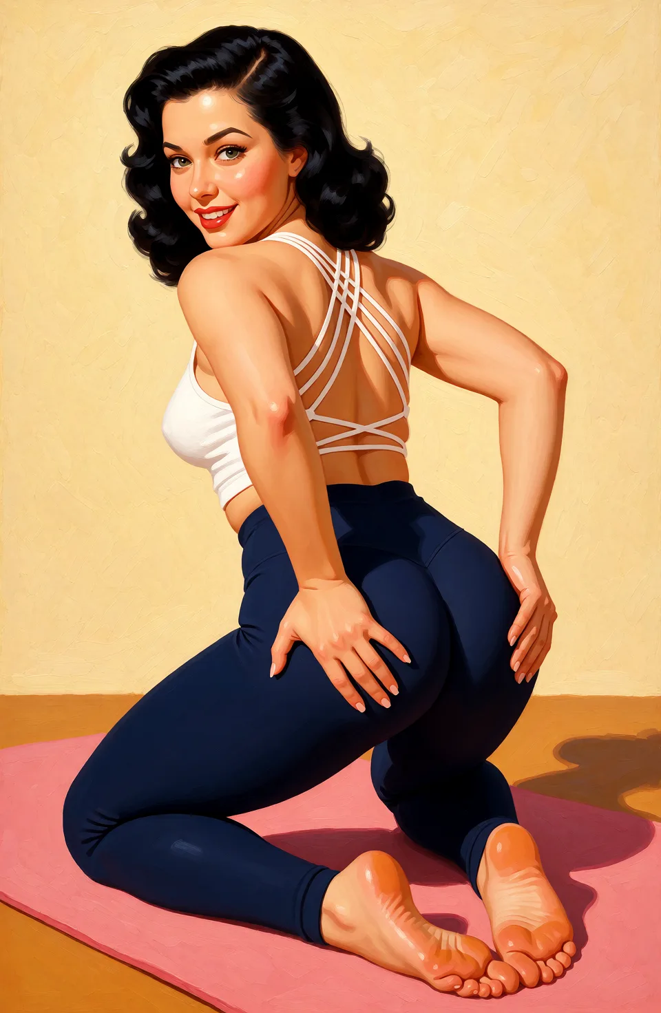 Redraw the entire picture as a retro pin-up illustration: smooth airbrushed gouache paint, warm saturated mid-century colour, clean confident outlines and glamorous stylised features, in the look of a 1950s pin-up poster. The background is painted in the same style. Nothing in the frame keeps its photographic appearance. Above all, the picture must show: a nude.
