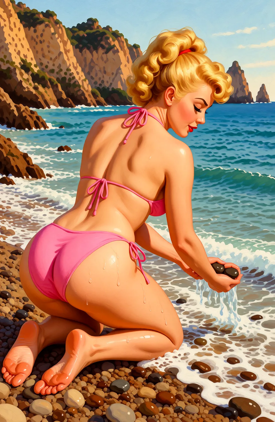 Redraw the entire picture as a retro pin-up illustration: smooth airbrushed gouache paint, warm saturated mid-century colour, clean confident outlines and glamorous stylised features, in the look of a 1950s pin-up poster. The background is painted in the same style. Nothing in the frame keeps its photographic appearance. Above all, the picture must show: nude.