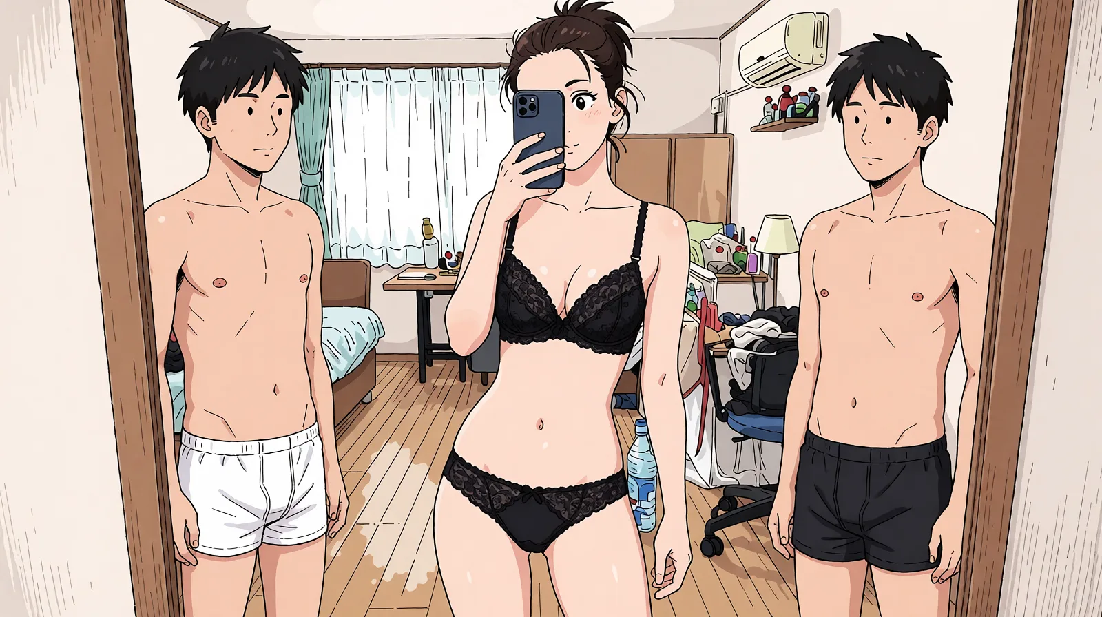 Redraw the entire picture as a hand-drawn anime illustration in flat cel-shaded anime style. It stays the same person with the same face, the same expression, the same hair and the same skin tone, and every other detail of the photograph is kept exactly as it is: nothing is added, removed, moved, uncovered or recoloured. Only the medium changes, and no part of the picture is left photographic. Above all, the picture must show: The young woman in the center should be wearing black lace panties and a black lace bra. Two men of average build are standing to her left and right. The men are wearing nothing but underwear. The man on the right is wearing black boxer shorts. The man on the left is wearing white boxer shorts. The woman's body proportions and hairstyle should match the original image. The background should match the original image.Negative prompt: outerwear, T-shirt, dot eyes.