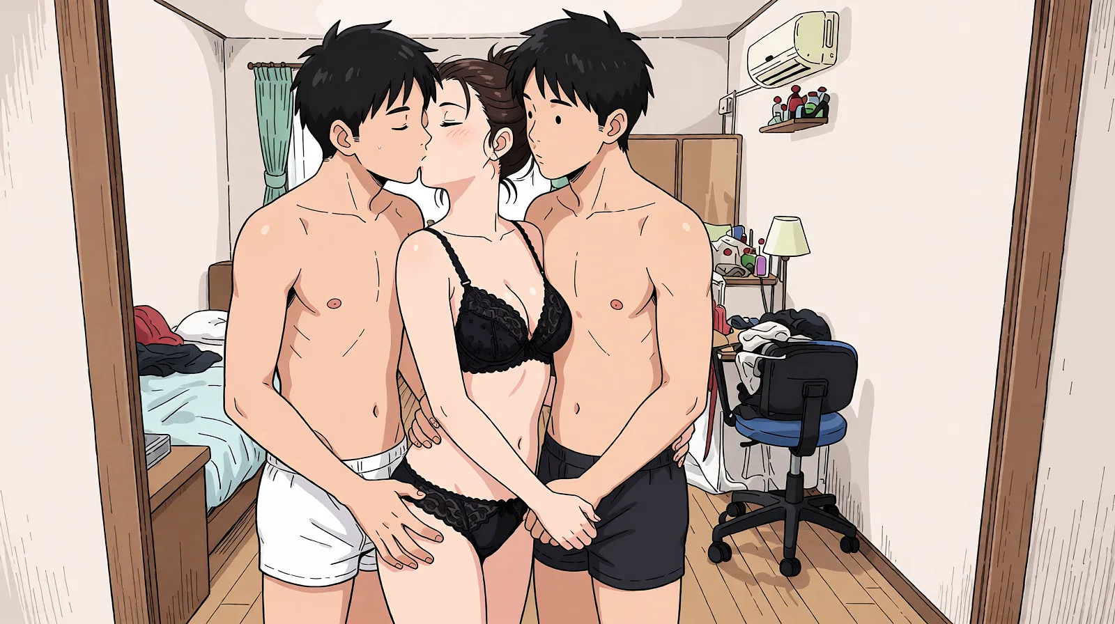 Redraw the entire picture as a hand-drawn anime illustration in flat cel-shaded anime style. It stays the same person with the same face, the same expression, the same hair and the same skin tone, and every other detail of the photograph is kept exactly as it is: nothing is added, removed, moved, uncovered or recoloured. Only the medium changes, and no part of the picture is left photographic. Above all, the picture must show: Both guys are groping the woman in the middle with their hands. The woman is not holding a phone. The woman is groping the guys' crotch areas with her hands. Both guys are slightly taller than the woman. The woman is kissing the guy on the left on the lips. The guy on the left has his eyes closed. The woman's body proportions and hairstyle should match the original image. The background should match the original image. The guys have normal human eyes; they do not have dot-like eyes.Negative prompt: outerwear, T-shirt, dot-like eyes, smartphone in hands, phone in hands.