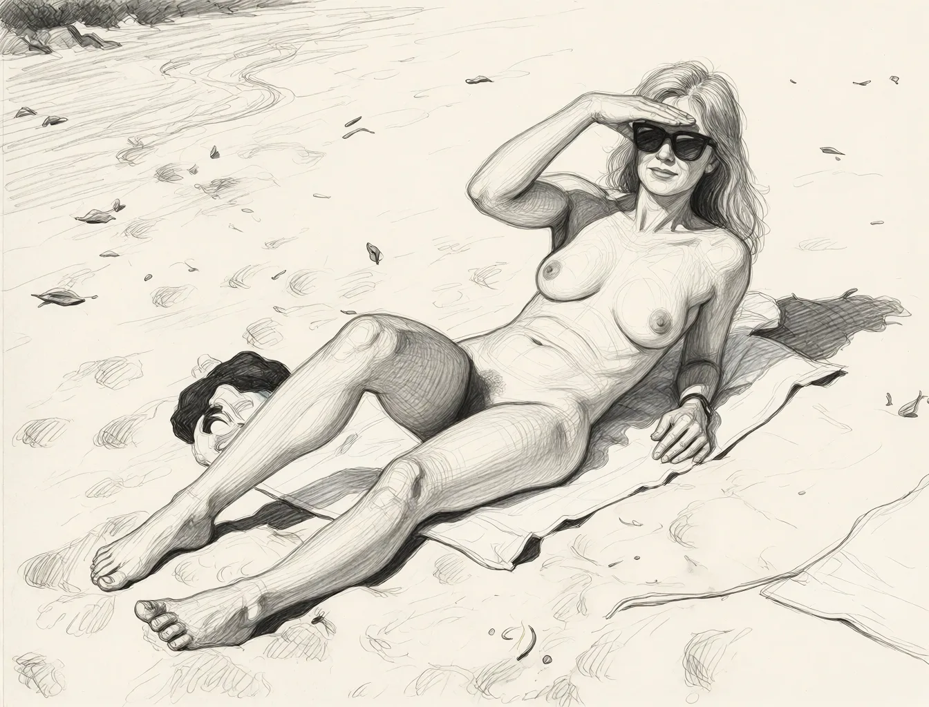 Redraw the entire picture as a hand-drawn graphite sketch on off-white paper: visible pencil strokes, cross-hatched shading, loose construction lines and no colour beyond the grey of the pencil and the tone of the paper. The background is drawn in the same style. Nothing in the frame keeps its photographic appearance. Above all, the picture must show: nude.