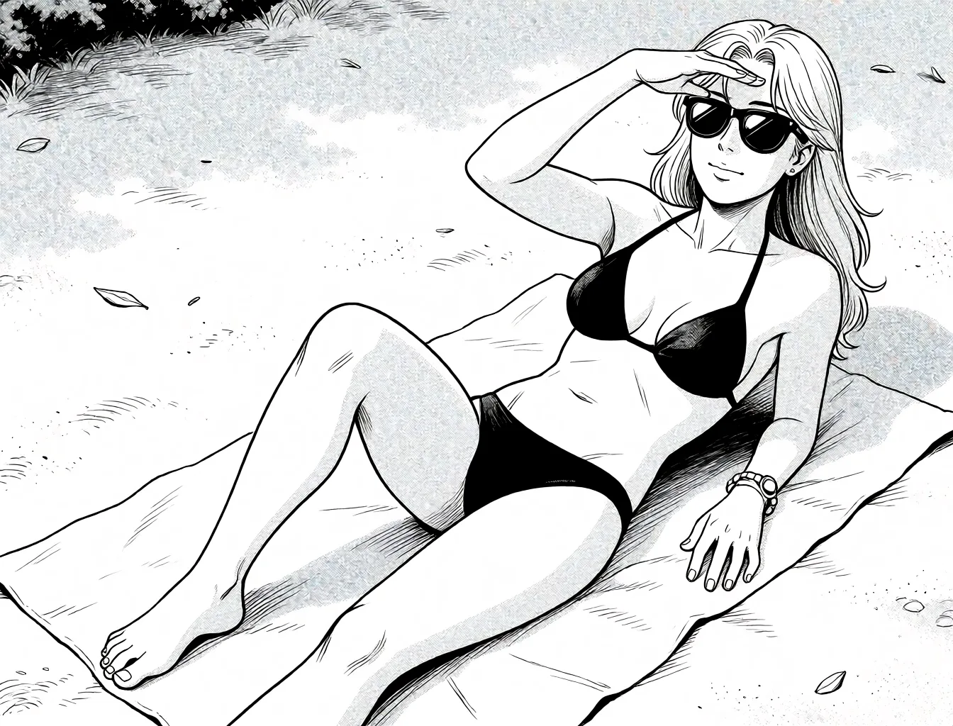 Redraw the entire picture as a black and white manga page: crisp black ink line art, no colour anywhere, flat halftone screentone shading, hatched shadows and clean white highlights, in the look of a printed manga panel. The background is drawn in the same style. Nothing in the frame keeps its photographic appearance. Above all, the picture must show: nude.