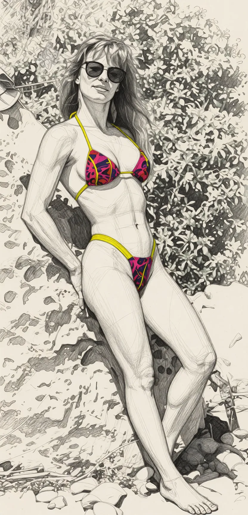 Redraw the entire picture as a hand-drawn graphite sketch on off-white paper: visible pencil strokes, cross-hatched shading, loose construction lines and no colour beyond the grey of the pencil and the tone of the paper. The background is drawn in the same style. Nothing in the frame keeps its photographic appearance. Above all, the picture must show: nude.