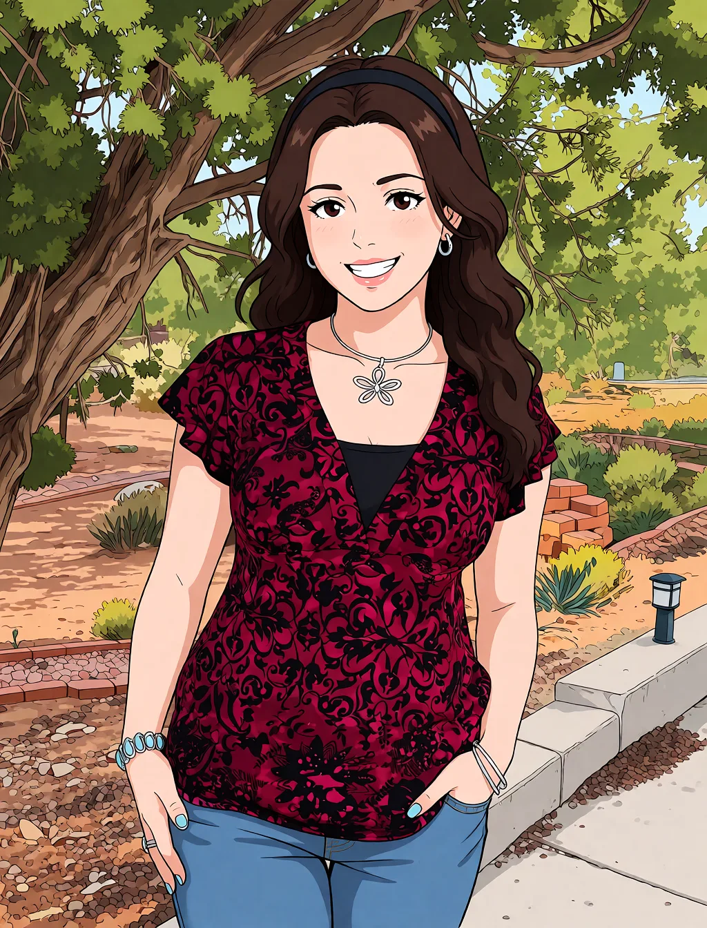 Redraw the entire picture as a hand-drawn anime illustration in flat cel-shaded anime style. It stays the same person with the same face, the same expression, the same hair and the same skin tone, and every other detail of the photograph is kept exactly as it is: nothing is added, removed, moved, uncovered or recoloured. Only the medium changes, and no part of the picture is left photographic. Above all, the picture must show: Make and fingering herself.