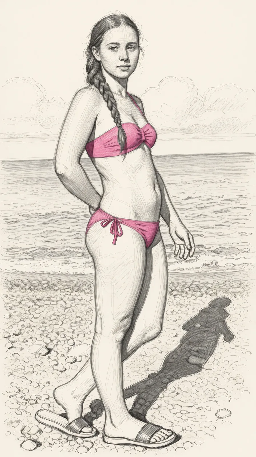 Redraw the entire picture as a hand-drawn graphite sketch on off-white paper: visible pencil strokes, cross-hatched shading, loose construction lines and no colour beyond the grey of the pencil and the tone of the paper. The background is drawn in the same style. Nothing in the frame keeps its photographic appearance. Above all, the picture must show: nude.