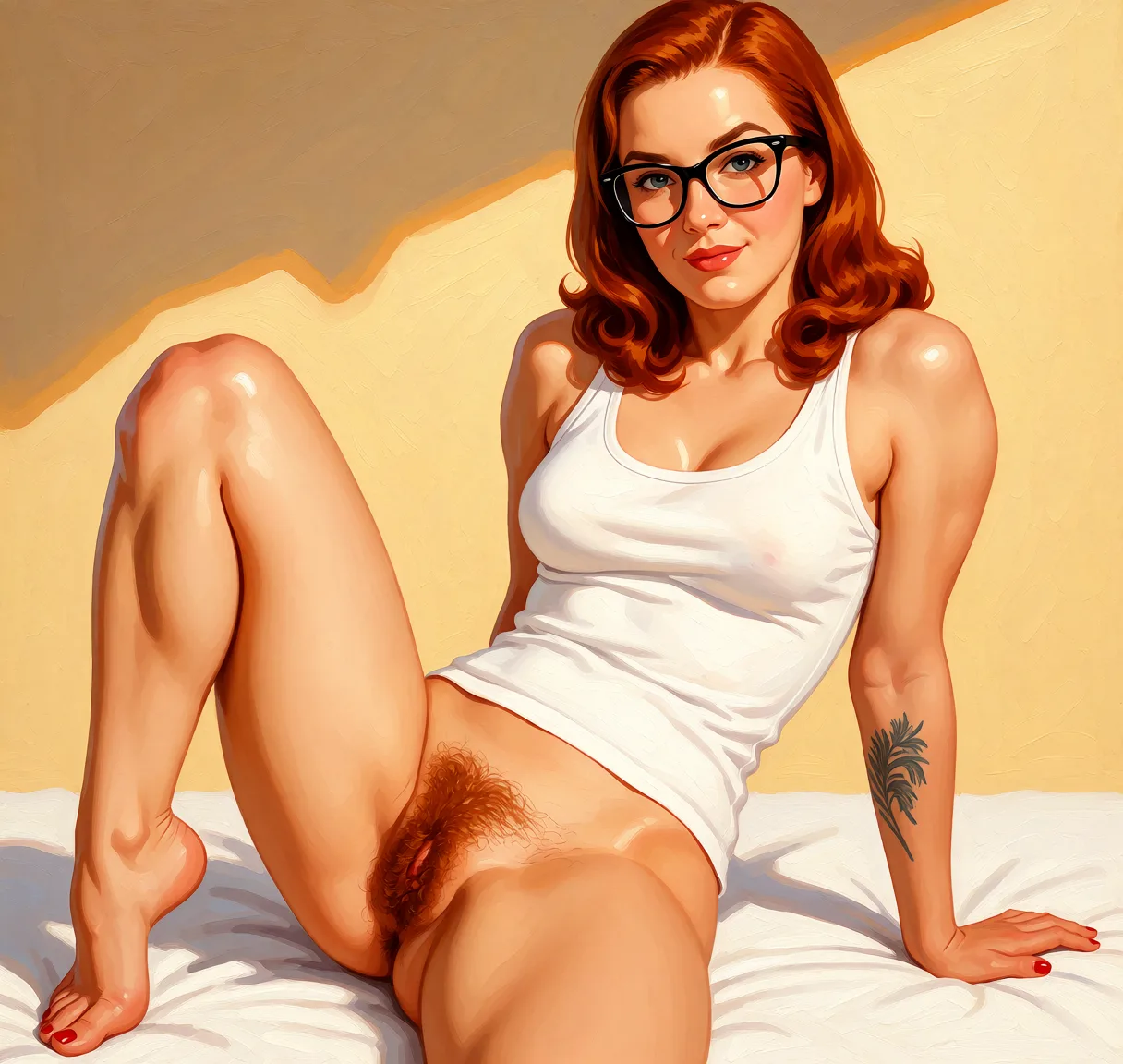 Redraw the entire picture as a retro pin-up illustration: smooth airbrushed gouache paint, warm saturated mid-century colour, clean confident outlines and glamorous stylised features, in the look of a 1950s pin-up poster. The background is painted in the same style. Nothing in the frame keeps its photographic appearance. Above all, the picture must show: Fully naked. Spanking her hairy pussy.