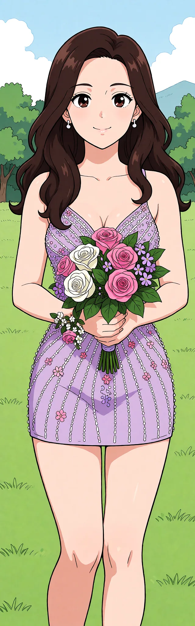 Redraw the entire picture as a hand-drawn anime illustration in flat cel-shaded anime style. It stays the same person with the same face, the same expression, the same hair and the same skin tone, and every other detail of the photograph is kept exactly as it is: nothing is added, removed, moved, uncovered or recoloured. Only the medium changes, and no part of the picture is left photographic. Above all, the picture must show: nude.
