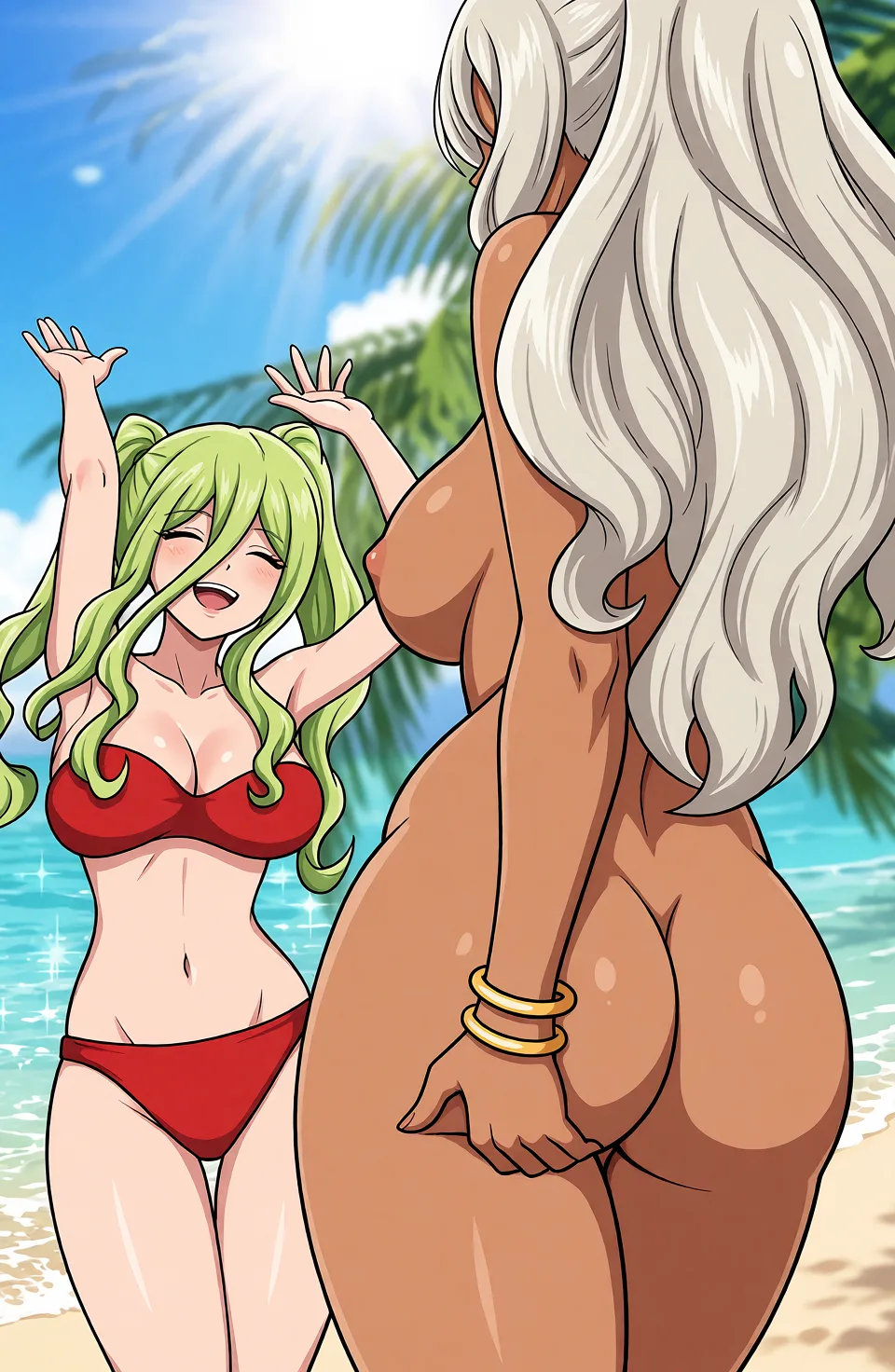 Redraw the entire picture as a hand-drawn anime illustration in flat cel-shaded anime style. It stays the same person with the same face, the same expression, the same hair and the same skin tone, and every other detail of the photograph is kept exactly as it is: nothing is added, removed, moved, uncovered or recoloured. Only the medium changes, and no part of the picture is left photographic. Above all, the picture must show: completely_nude.