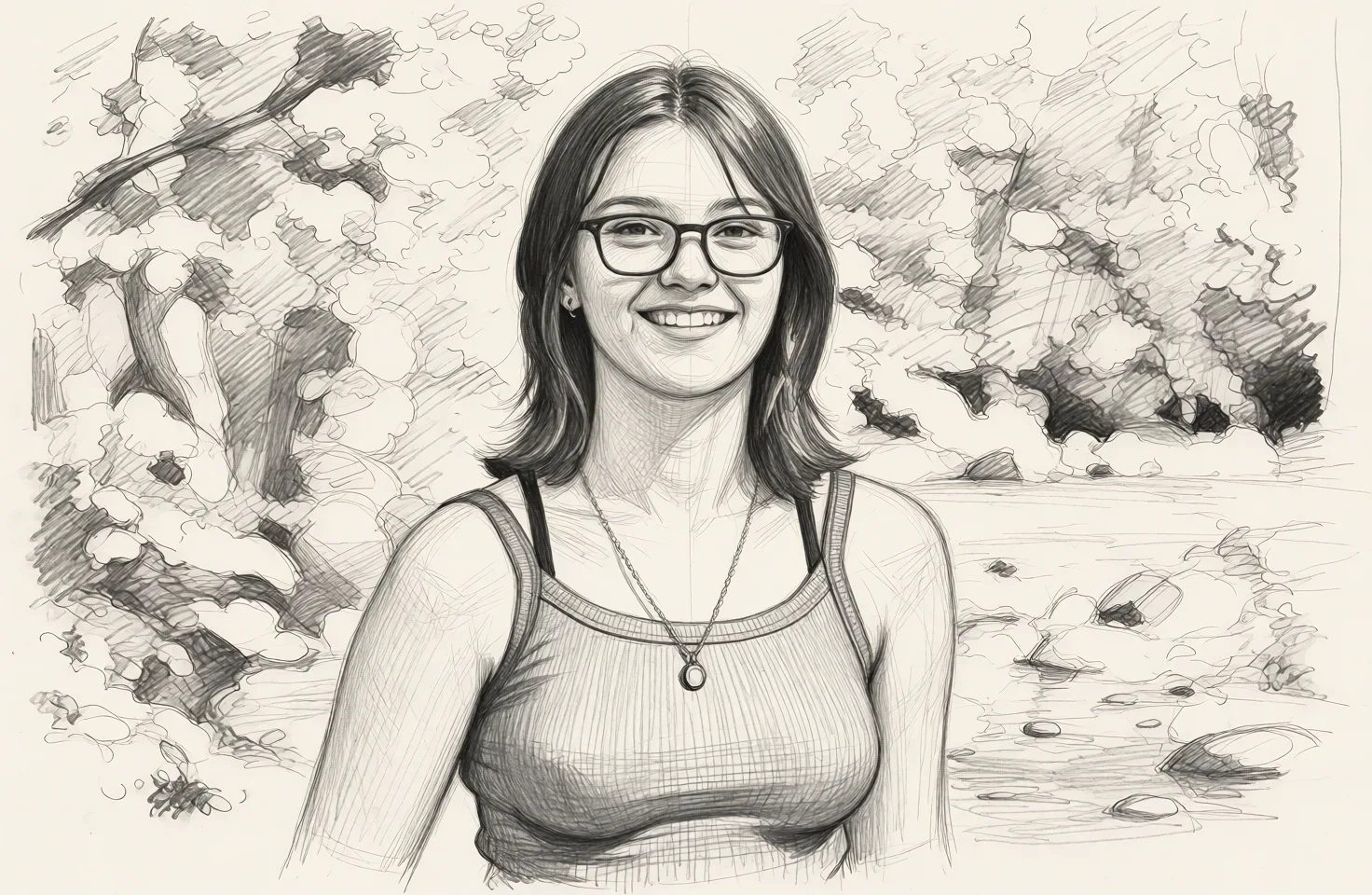 Redraw the entire picture as a hand-drawn graphite sketch on off-white paper: visible pencil strokes, cross-hatched shading, loose construction lines and no colour beyond the grey of the pencil and the tone of the paper. The background is drawn in the same style. Nothing in the frame keeps its photographic appearance. Above all, the picture must show: underboob.