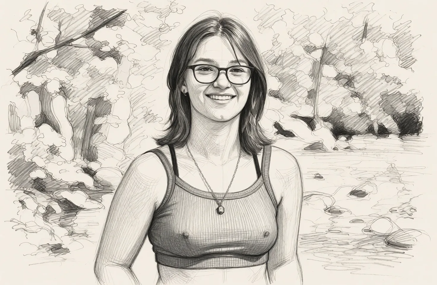 Redraw the entire picture as a hand-drawn graphite sketch on off-white paper: visible pencil strokes, cross-hatched shading, loose construction lines and no colour beyond the grey of the pencil and the tone of the paper. The background is drawn in the same style. Nothing in the frame keeps its photographic appearance. Above all, the picture must show: sports_bra covered_nipples underboob.