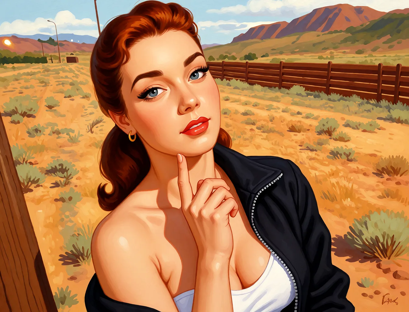 Redraw the entire picture as a retro pin-up illustration: smooth airbrushed gouache paint, warm saturated mid-century colour, clean confident outlines and glamorous stylised features, in the look of a 1950s pin-up poster. The background is painted in the same style. Nothing in the frame keeps its photographic appearance. Above all, the picture must show: Remove the swimsuit, preserving natural lighting and pose, add a light tan».