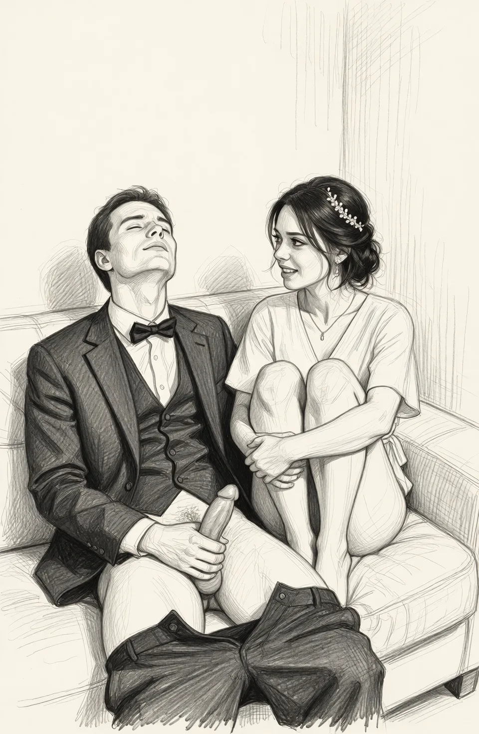 Redraw the entire picture as a hand-drawn graphite sketch on off-white paper: visible pencil strokes, cross-hatched shading, loose construction lines and no colour beyond the grey of the pencil and the tone of the paper. The background is drawn in the same style. Nothing in the frame keeps its photographic appearance. Above all, the picture must show: She is sitting on the couch, naked, with her legs tucked up and hugging her knees, looking at him. He's sitting next to me, with his pants down, his head thrown back, his eyes closed, and he's ejaculating on his stomach.