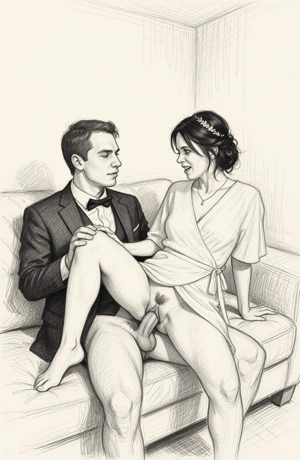 Redraw the entire picture as a hand-drawn graphite sketch on off-white paper: visible pencil strokes, cross-hatched shading, loose construction lines and no colour beyond the grey of the pencil and the tone of the paper. The background is drawn in the same style. Nothing in the frame keeps its photographic appearance. Above all, the picture must show: She sits on the couch and masturbates while watching him have sex with her friend.