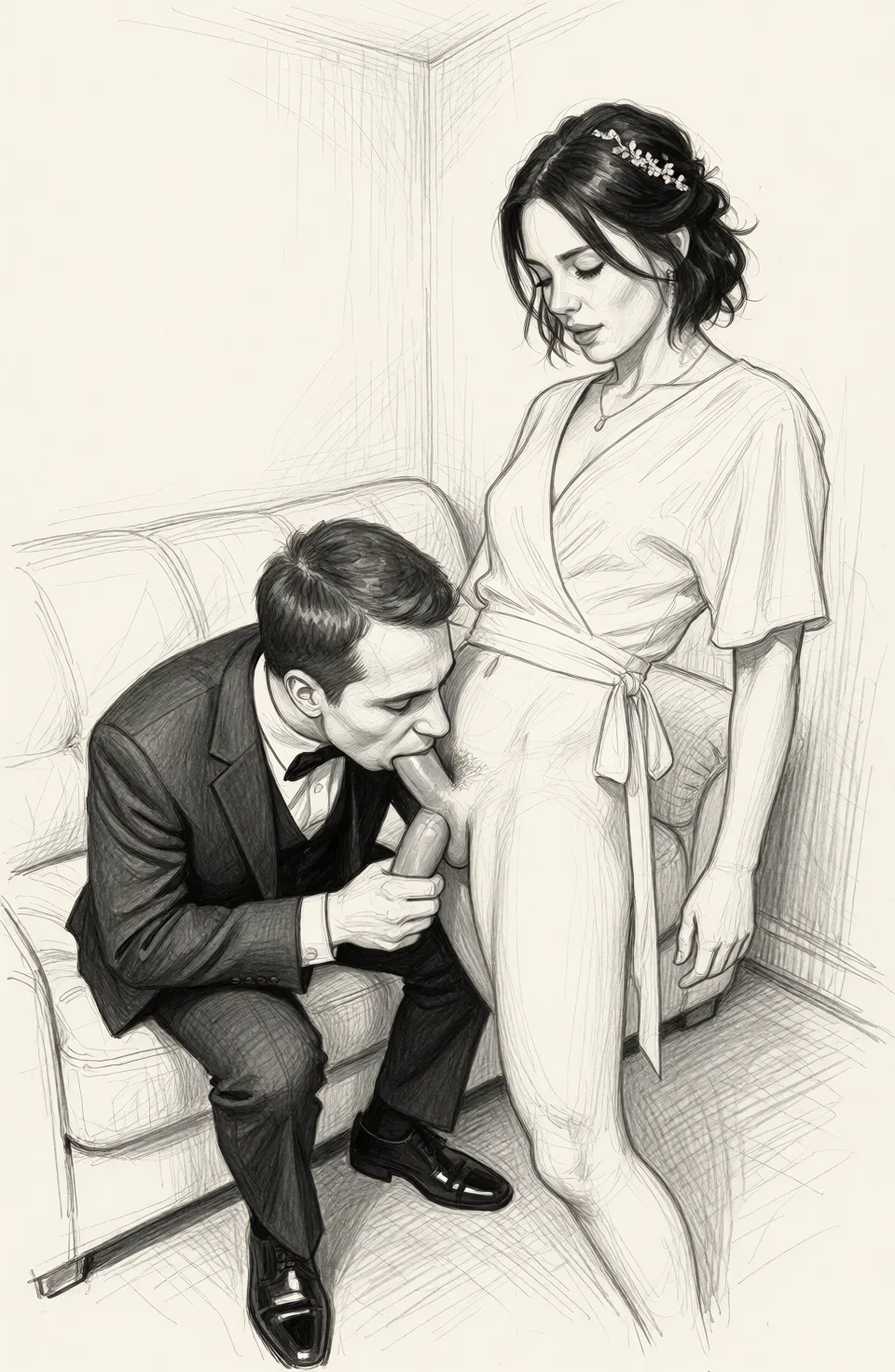 Redraw the entire picture as a hand-drawn graphite sketch on off-white paper: visible pencil strokes, cross-hatched shading, loose construction lines and no colour beyond the grey of the pencil and the tone of the paper. The background is drawn in the same style. Nothing in the frame keeps its photographic appearance. Above all, the picture must show: He makes her cunnilingus.