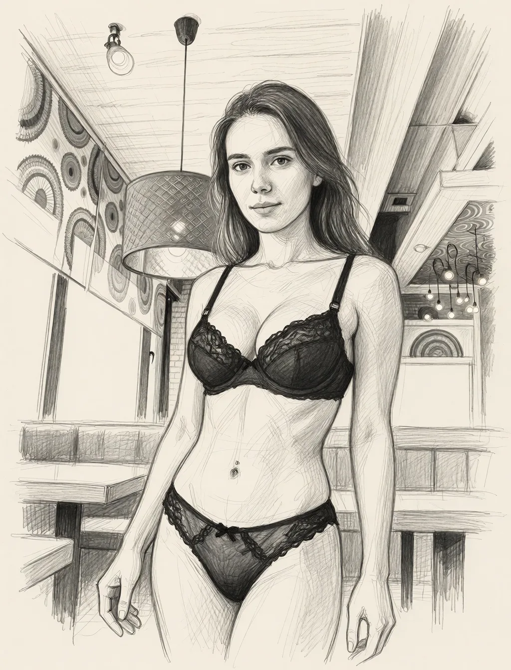 Redraw the entire picture as a hand-drawn graphite sketch on off-white paper: visible pencil strokes, cross-hatched shading, loose construction lines and no colour beyond the grey of the pencil and the tone of the paper. The background is drawn in the same style. Nothing in the frame keeps its photographic appearance. Above all, the picture must show: Picture a woman in sexy lingerie, perfect in appearance for him.