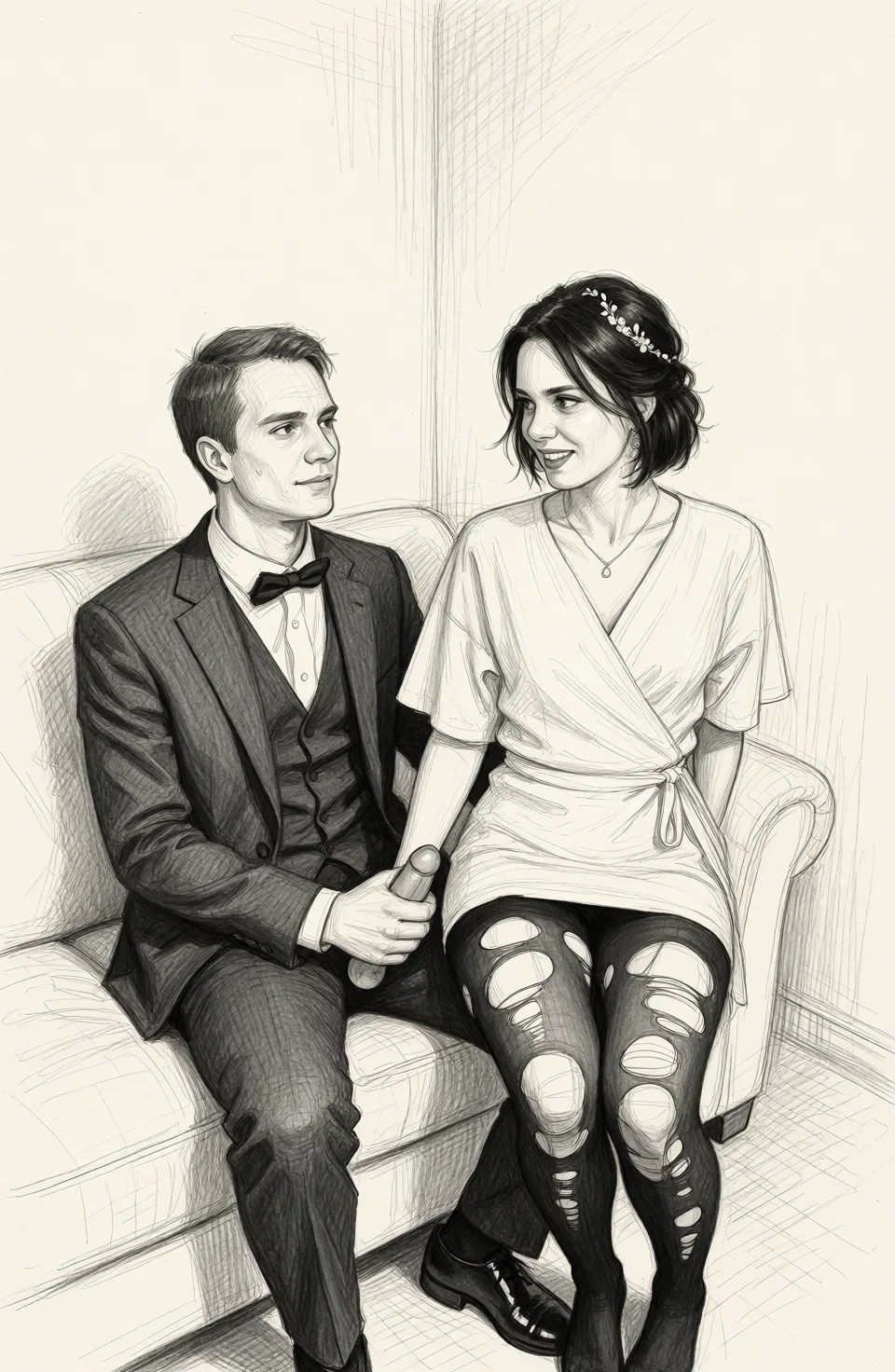 Redraw the entire picture as a hand-drawn graphite sketch on off-white paper: visible pencil strokes, cross-hatched shading, loose construction lines and no colour beyond the grey of the pencil and the tone of the paper. The background is drawn in the same style. Nothing in the frame keeps its photographic appearance. Above all, the picture must show: She's sitting in torn tights. He masturbates while looking at her.