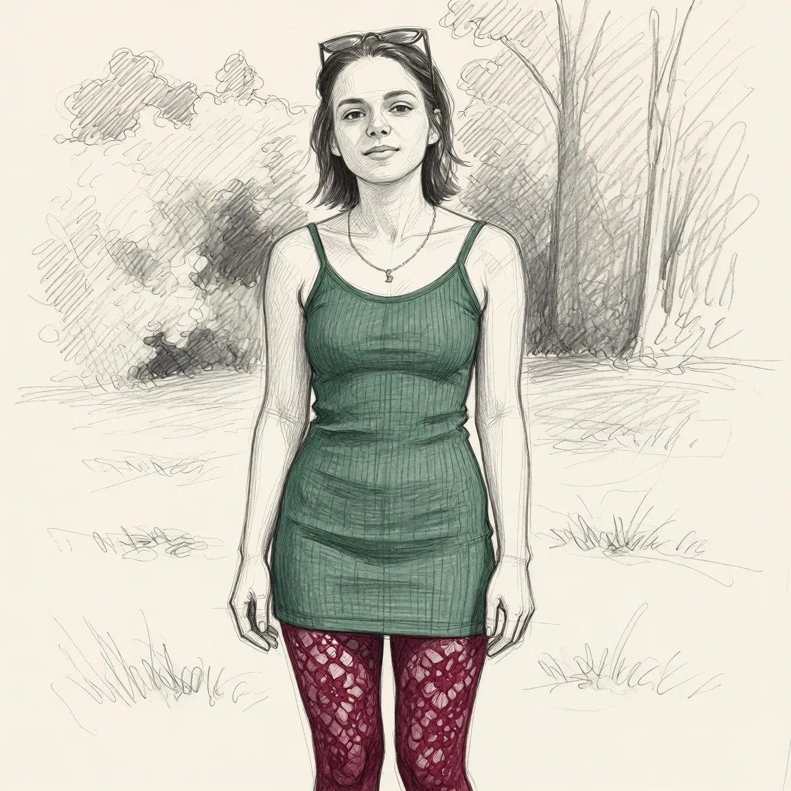 Redraw the entire picture as a hand-drawn graphite sketch on off-white paper: visible pencil strokes, cross-hatched shading, loose construction lines and no colour beyond the grey of the pencil and the tone of the paper. The background is drawn in the same style. Nothing in the frame keeps its photographic appearance. Above all, the picture must show: She stands tall in burgundy lace tights and a green dress.