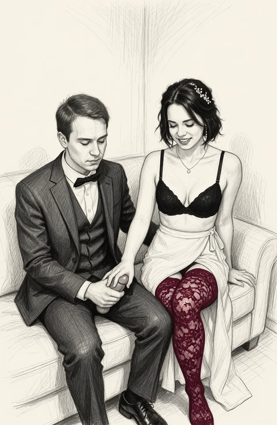 Redraw the entire picture as a hand-drawn graphite sketch on off-white paper: visible pencil strokes, cross-hatched shading, loose construction lines and no colour beyond the grey of the pencil and the tone of the paper. The background is drawn in the same style. Nothing in the frame keeps its photographic appearance. Above all, the picture must show: She's sitting on the couch, wearing a black bra and burgundy lace tights. She touches his penis with one finger of her left foot, and he kisses the fingers of her right foot, holding her foot with his hand.