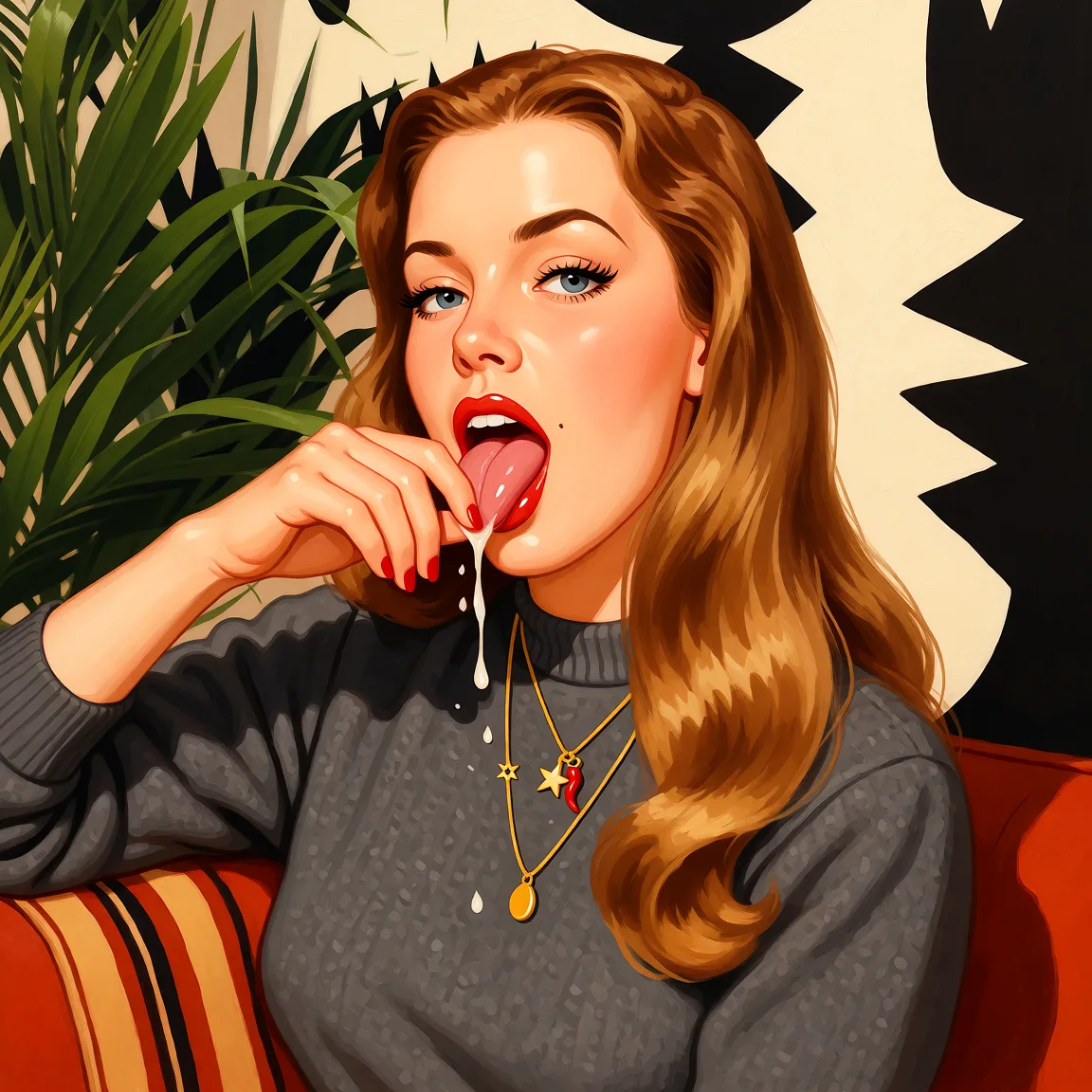 Redraw the entire picture as a retro pin-up illustration: smooth airbrushed gouache paint, warm saturated mid-century colour, clean confident outlines and glamorous stylised features, in the look of a 1950s pin-up poster. The background is painted in the same style. Nothing in the frame keeps its photographic appearance. Above all, the picture must show: cum_in_mouth.