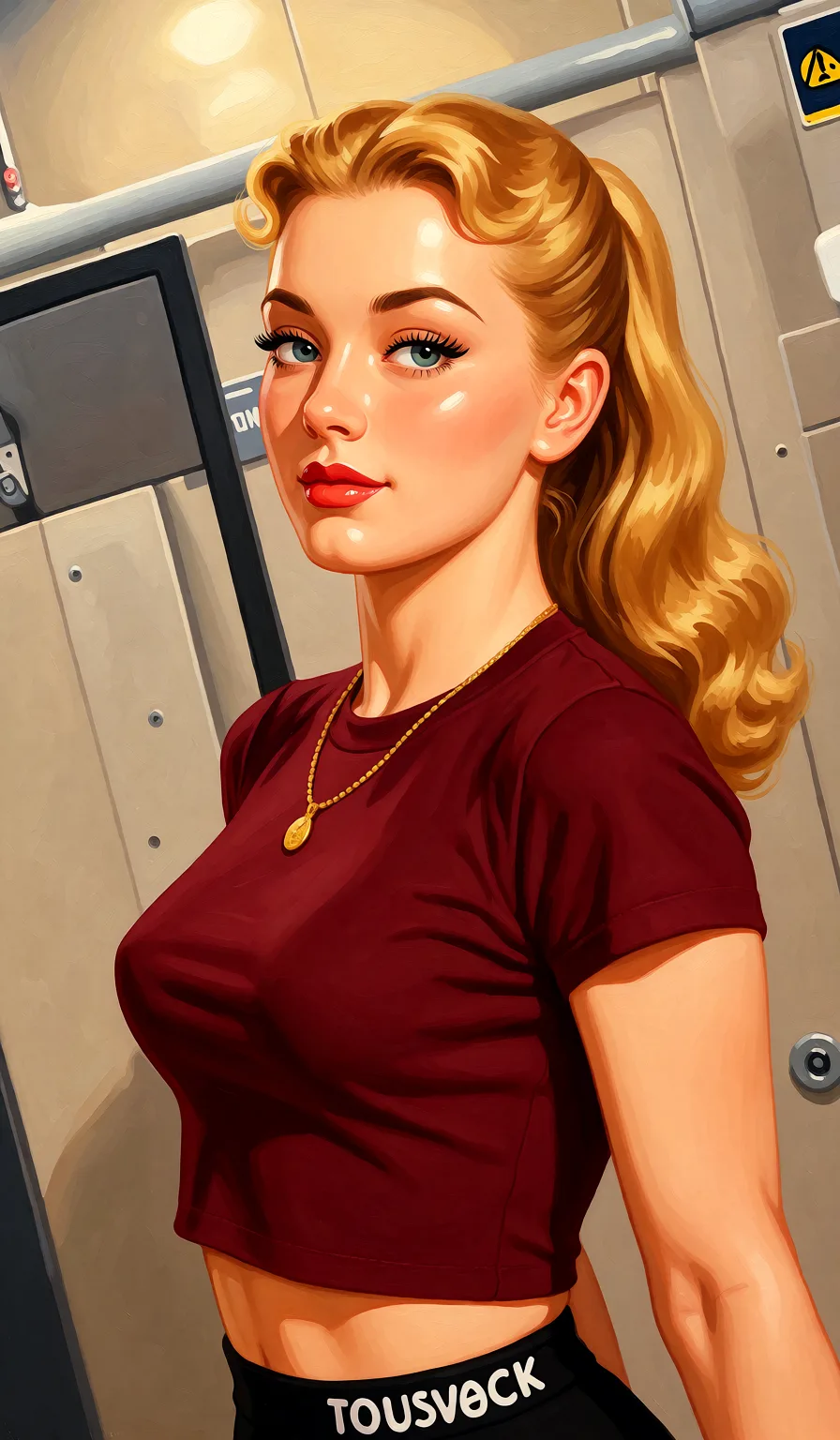 Redraw the entire picture as a retro pin-up illustration: smooth airbrushed gouache paint, warm saturated mid-century colour, clean confident outlines and glamorous stylised features, in the look of a 1950s pin-up poster. The background is painted in the same style. Nothing in the frame keeps its photographic appearance. Above all, the picture must show: suck.