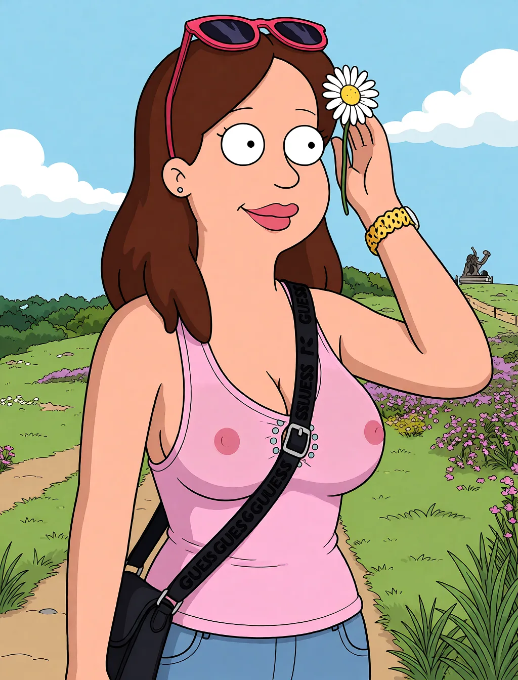 Redraw the entire picture as a western animated cartoon cel: thick even outlines, flat bright blocks of colour, simplified rounded shapes and hard-edged shadows, in the look of a television cartoon rather than of a camera. Keep the woman's adult proportions and adult figure exactly as they are; only the drawing style changes. The background is drawn in the same style. Nothing in the frame keeps its photographic appearance. Above all, the picture must show: clothed but see through with erected nipples and swelly sideboob.