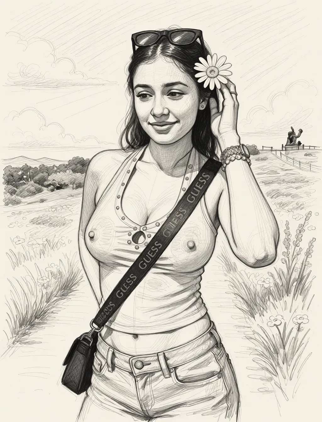 Redraw the entire picture as a hand-drawn graphite sketch on off-white paper: visible pencil strokes, cross-hatched shading, loose construction lines and no colour beyond the grey of the pencil and the tone of the paper. The background is drawn in the same style. Nothing in the frame keeps its photographic appearance. Above all, the picture must show: nipples erected,see through clothes_lift.