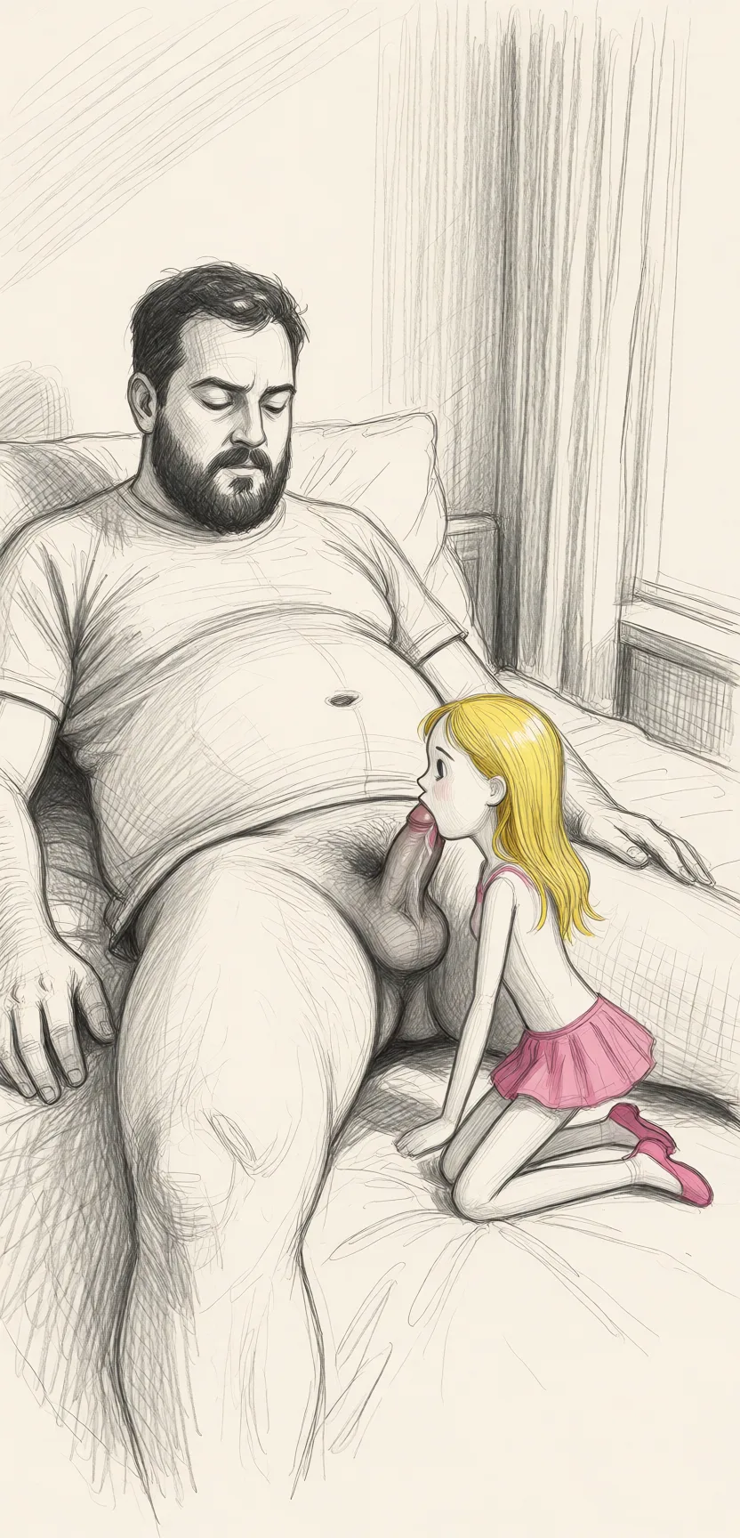 Redraw the entire picture as a hand-drawn graphite sketch on off-white paper: visible pencil strokes, cross-hatched shading, loose construction lines and no colour beyond the grey of the pencil and the tone of the paper. The background is drawn in the same style. Nothing in the frame keeps its photographic appearance. Above all, the picture must show: He has a beard and a potbelly, he is laying on a bed, she is tiny and skinny, she's kneeling on the bed next to him, she's sucking his penis, he cums in her mouth.